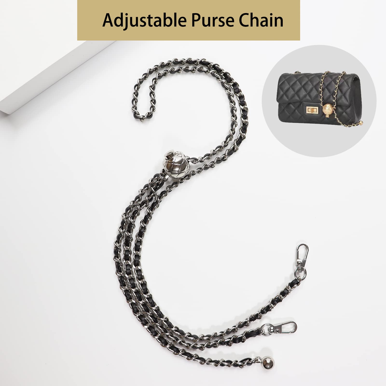 COLSEEY Adjustable Purse Chain Strap - 51 Inch Replacement Shoulder & Crossbody Bag Strap - Silver with Black Leather Trim - Perfect for Handbags, Totes & Everyday Fashion Accessories