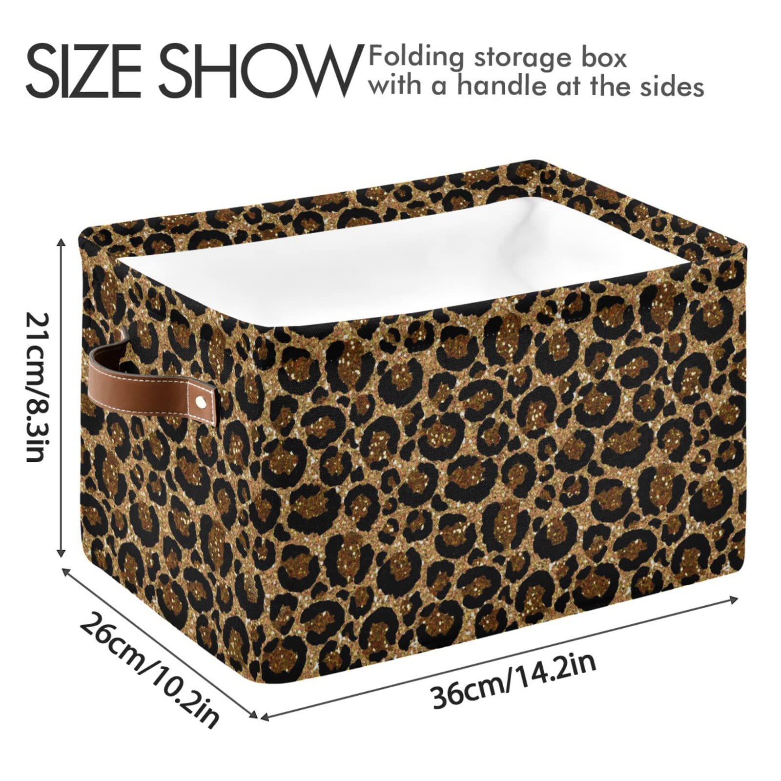 Leopard Print Collapsible Storage Basket with Leather Handles - Foldable Rectangular Storage Bin for Nursery, Kitchen & Bedroom Organization - Perfect for Toys, Blankets & Home Decor Storage
