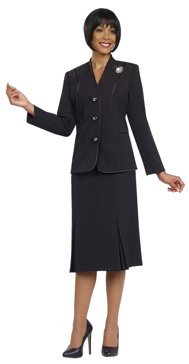 Ben Marc Women's Two-Piece Skirt Suit Set - V-Neck Pleated Skirt Outfit with Removable Brooch | Professional Usher Suit BM78098 | Perfect for Weddings, Business Meetings & Formal Events