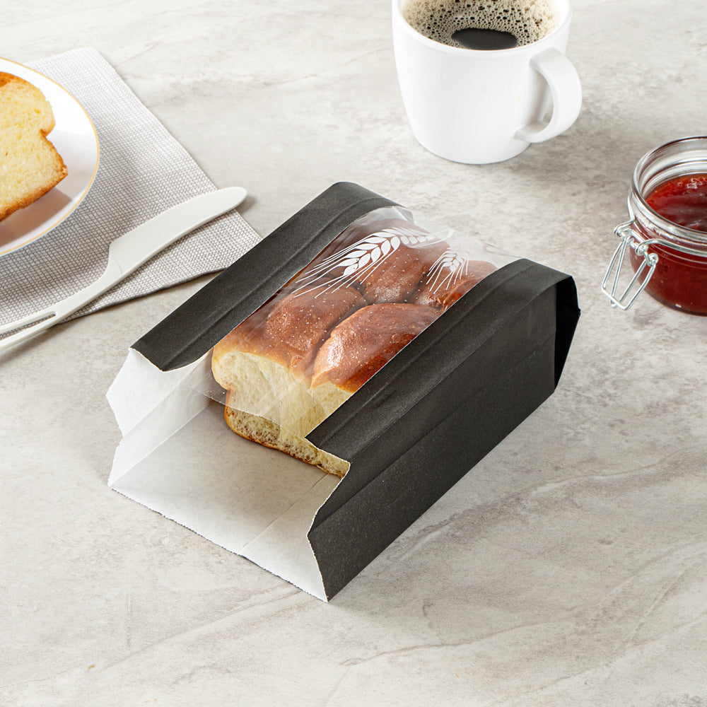 Eco-Friendly Black Paper Bread Bags - Micro Perforated, Greaseproof, Wheat Pattern (4.75