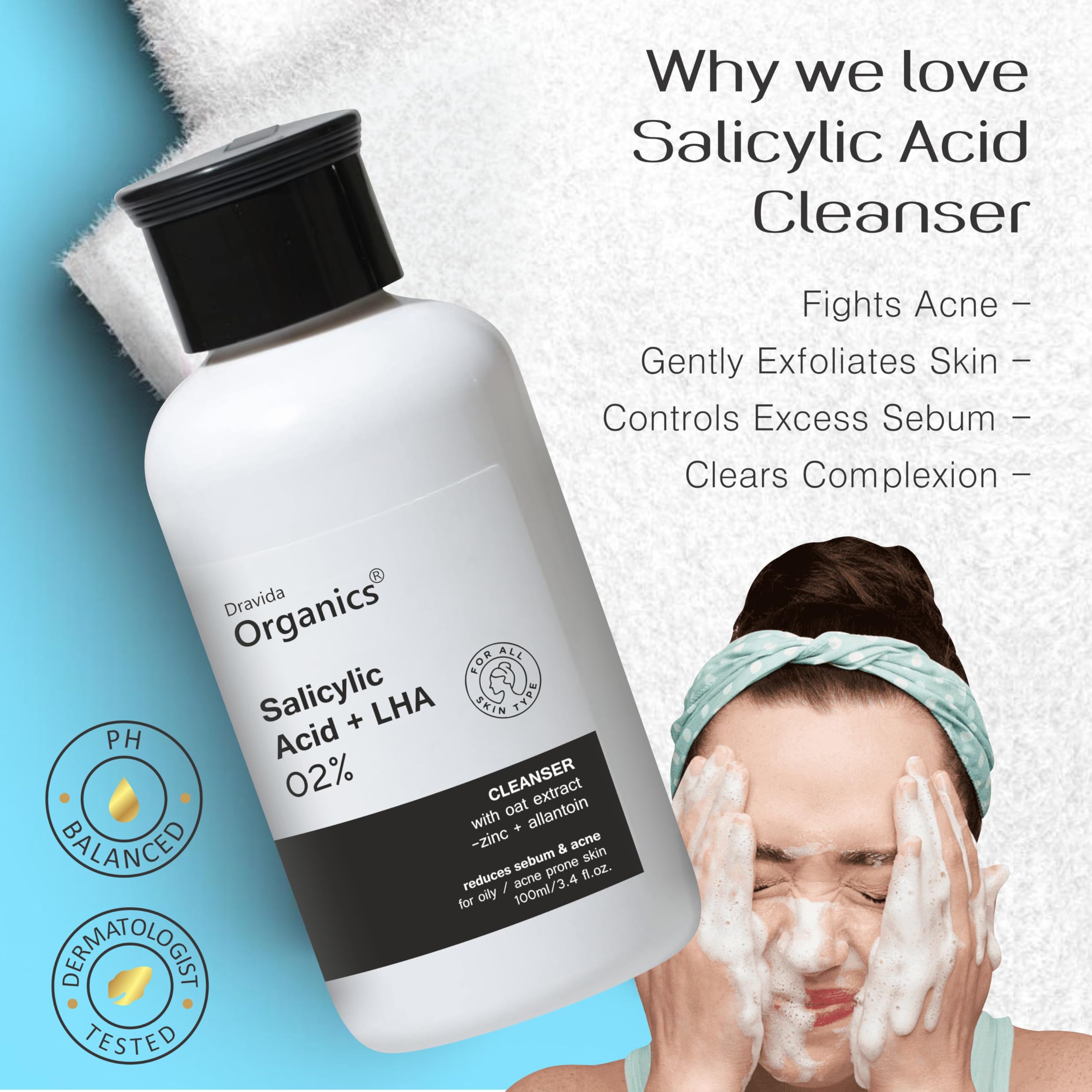 Dravida Organics 2% Salicylic Acid Face Wash for Oily Skin - Oil Control & Anti-Acne Cleanser for Men & Women (100ml) | Deep Cleansing & Pore Minimizing for Clear Skin | Perfect for Daily Skincare Routine & Acne-Prone Skin Care