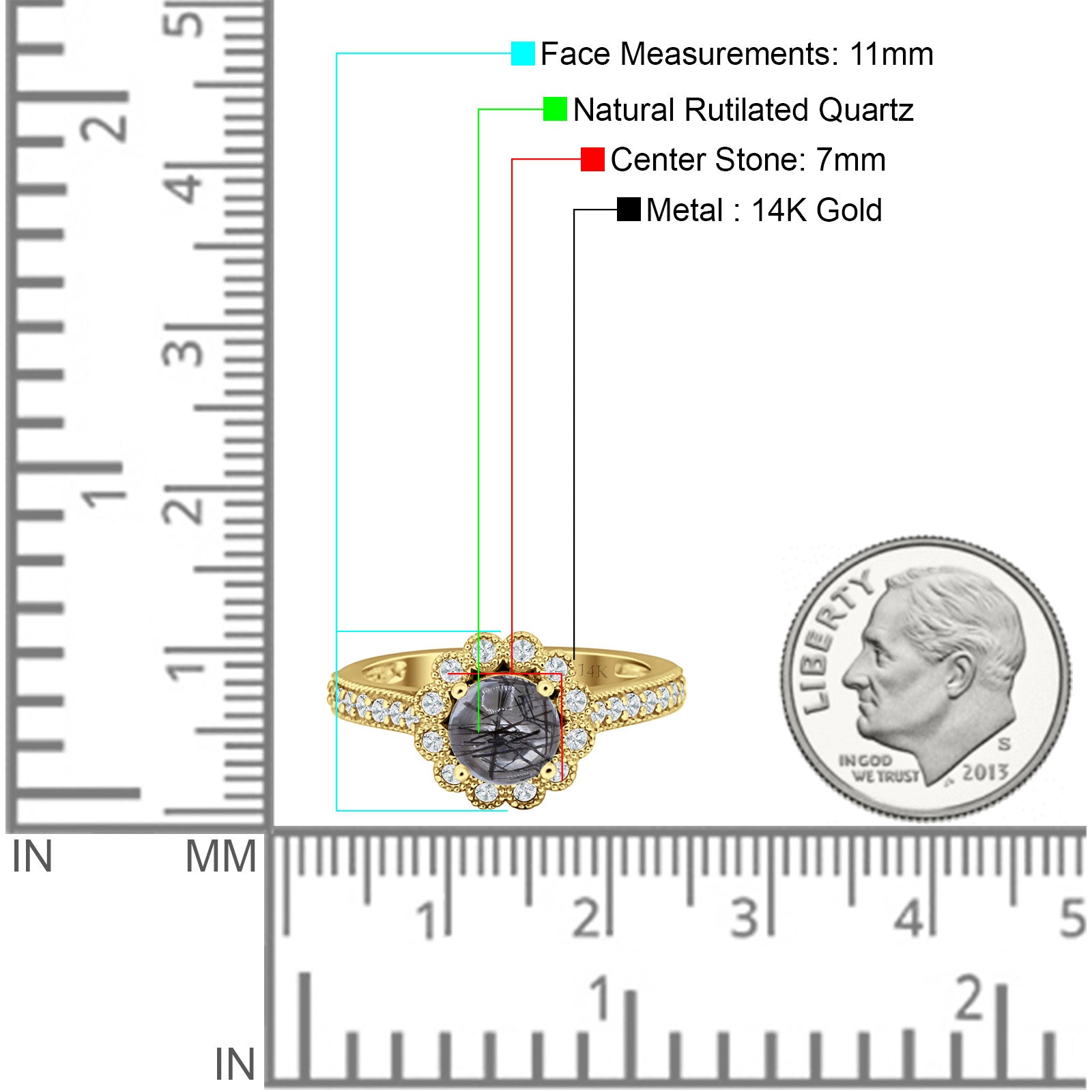 14K Yellow Gold Round Natural Rutilated Quartz Vintage Style Flower Ring for Women - Elegant Boho Jewelry Gift for Birthday, Anniversary & Special Occasions