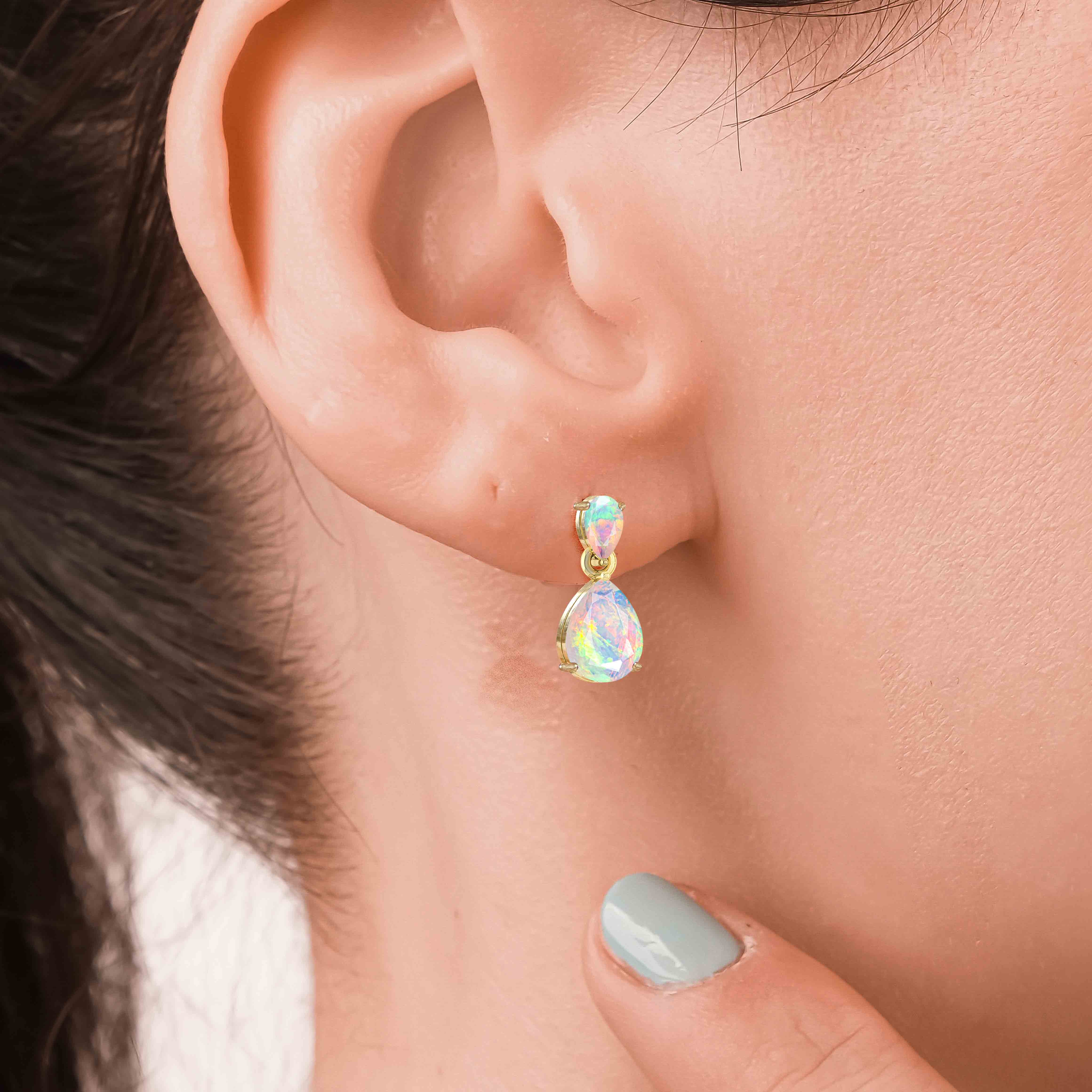 White Dual Opal Pear Drop Stud Earrings - Elegant Dangle Earrings for Women, Perfect for Weddings, Parties & Everyday Wear