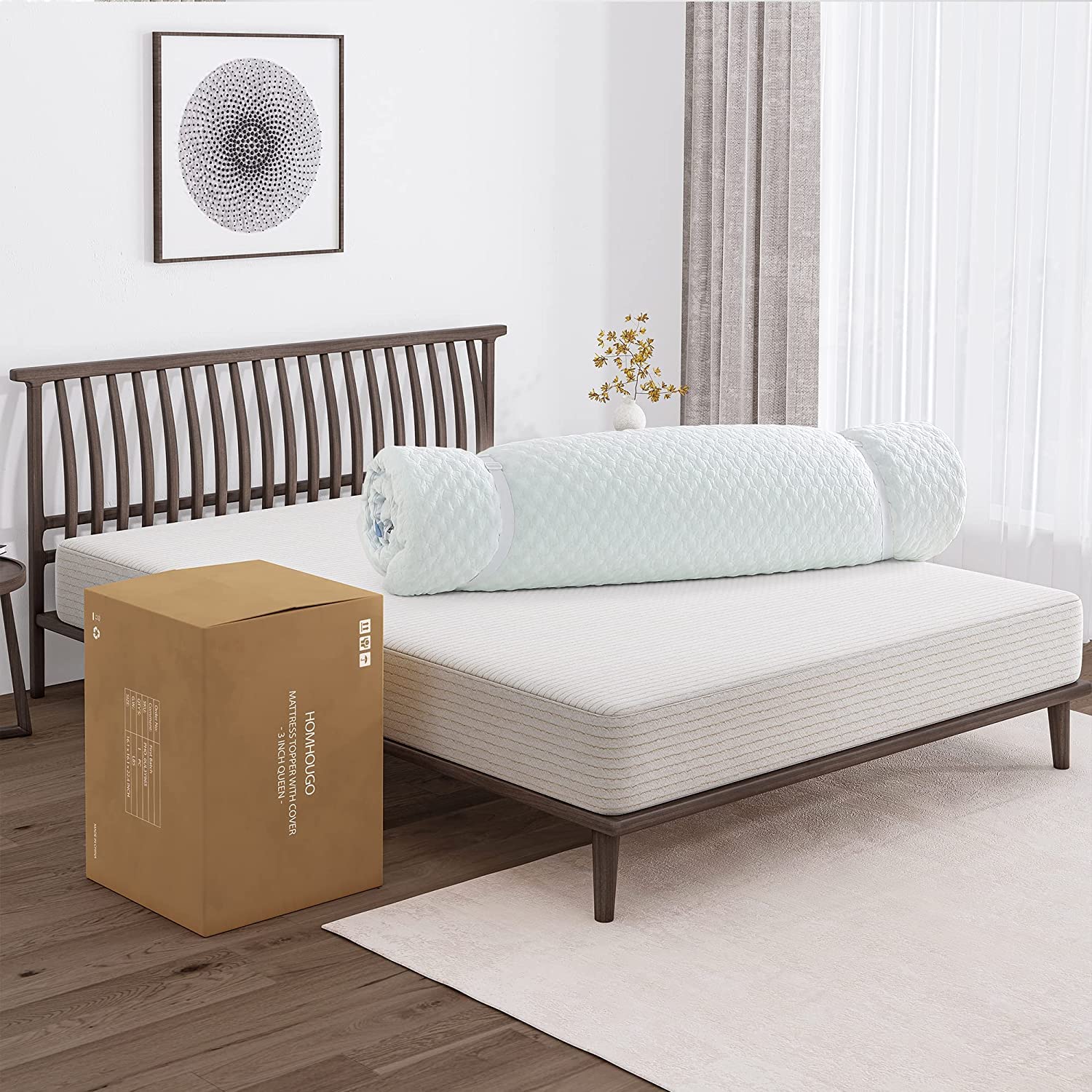 3 Inch Queen Memory Foam Mattress Topper with Zippered Bamboo Cover - Removable & Washable, Green Tea Scented, Adjustable Straps for Ultimate Comfort - Perfect for Back Pain Relief, Guest Beds & Home Use