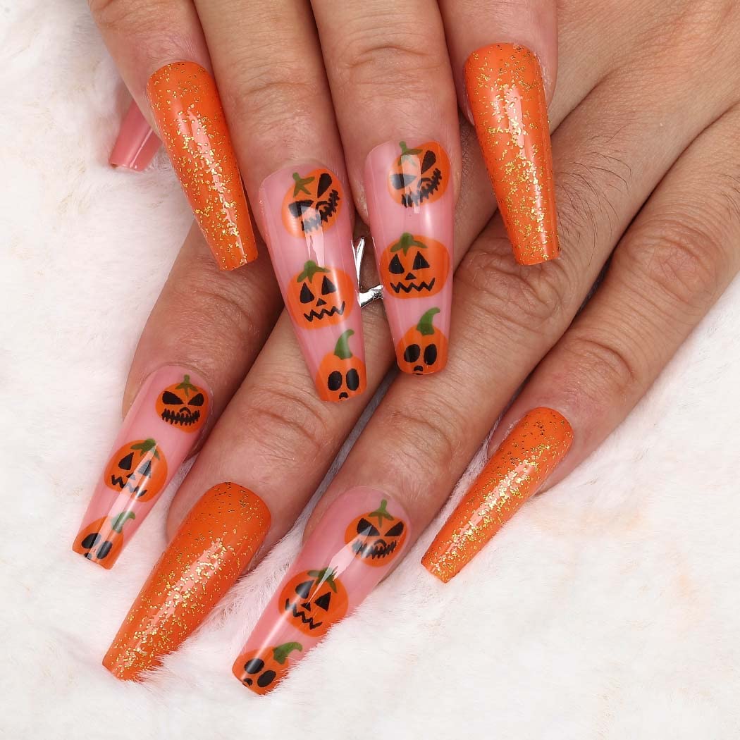Halloween Orange Pumpkin Coffin Press-On Nails - Extra Long Acrylic Fake Nails with Spooky Designs, 24Pcs Full Cover Stick-On Nails for Women & Girls - Perfect for Halloween Parties, Costumes, and Festive Nail Art