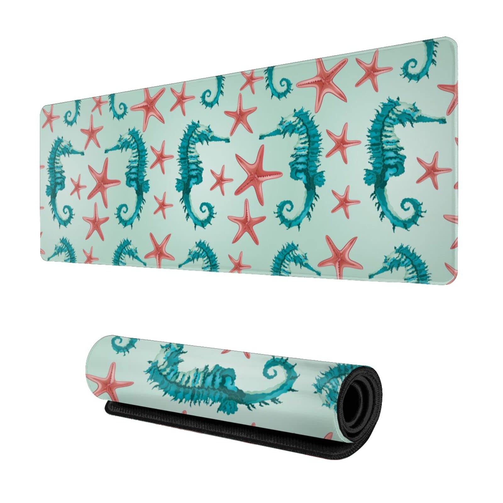 Futterya Extra Large Gaming Mouse Pad (12x31.5 Inch) - Non-Slip Rubber Base Desk Mat with Stitched Edges, Waterproof Keyboard Mouse Mat for Office & Gaming - Starfish & Seahorse Summer Design | Perfect for PC, Laptop, Workstation & Gaming Setup