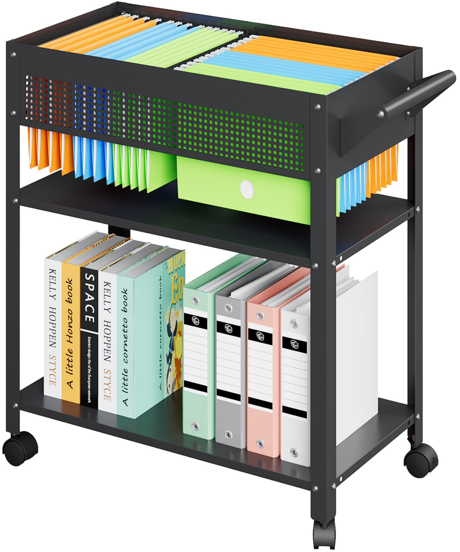 Black Mesh Rolling File Cart with Wheels - Hanging File Organizer Cabinet for A4/F4/Letter/Legal Files - Mobile Metal Filing Storage Cart for Home Office & Workspace Organization (Ideal for Documents, Office Supplies & Stationery Storage)