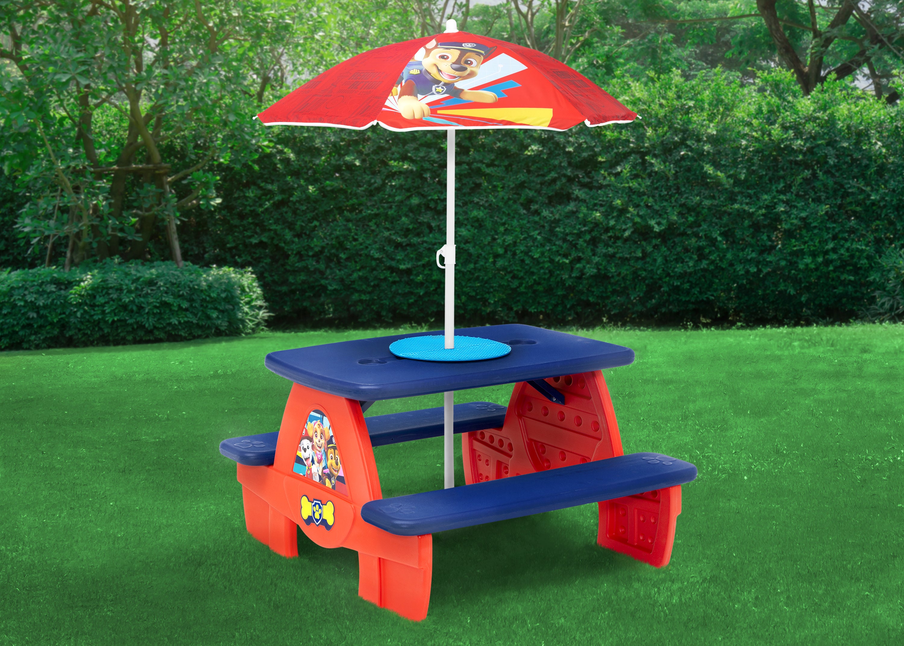 PAW Patrol Kids Picnic Table with Umbrella - 4 Seat Activity Table with Lego-Compatible Top | Outdoor Play, Backyard Fun & Party Furniture for Toddlers