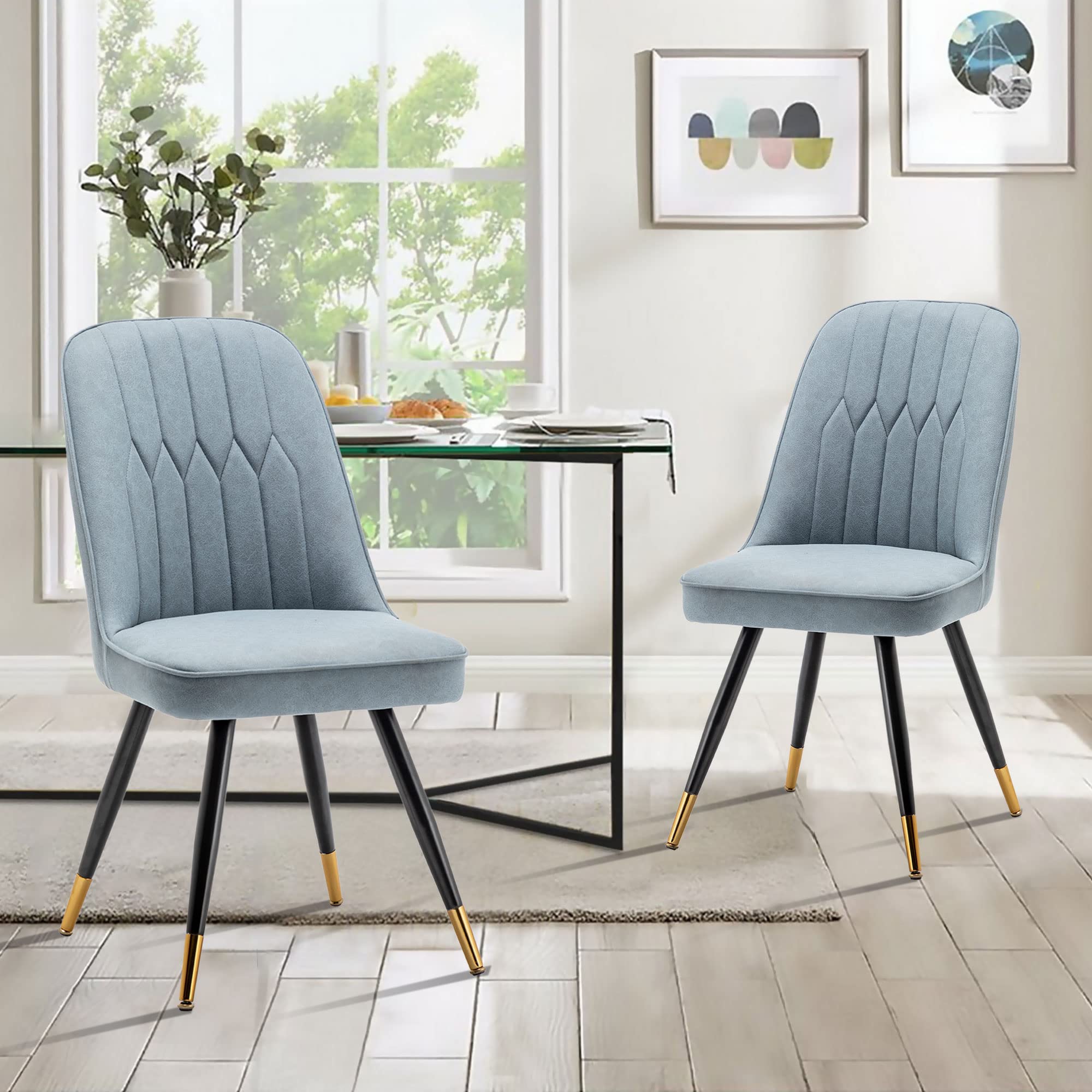 Modern Dining Chairs Set of 2 - Mid Century Upholstered Accent Chairs with Gold Metal Legs, Armless Leisure Chairs for Kitchen, Living Room & Office - Soft Faux Suede Blue Seating - Perfect for Small Spaces, Breakfast Nooks & Dining Areas