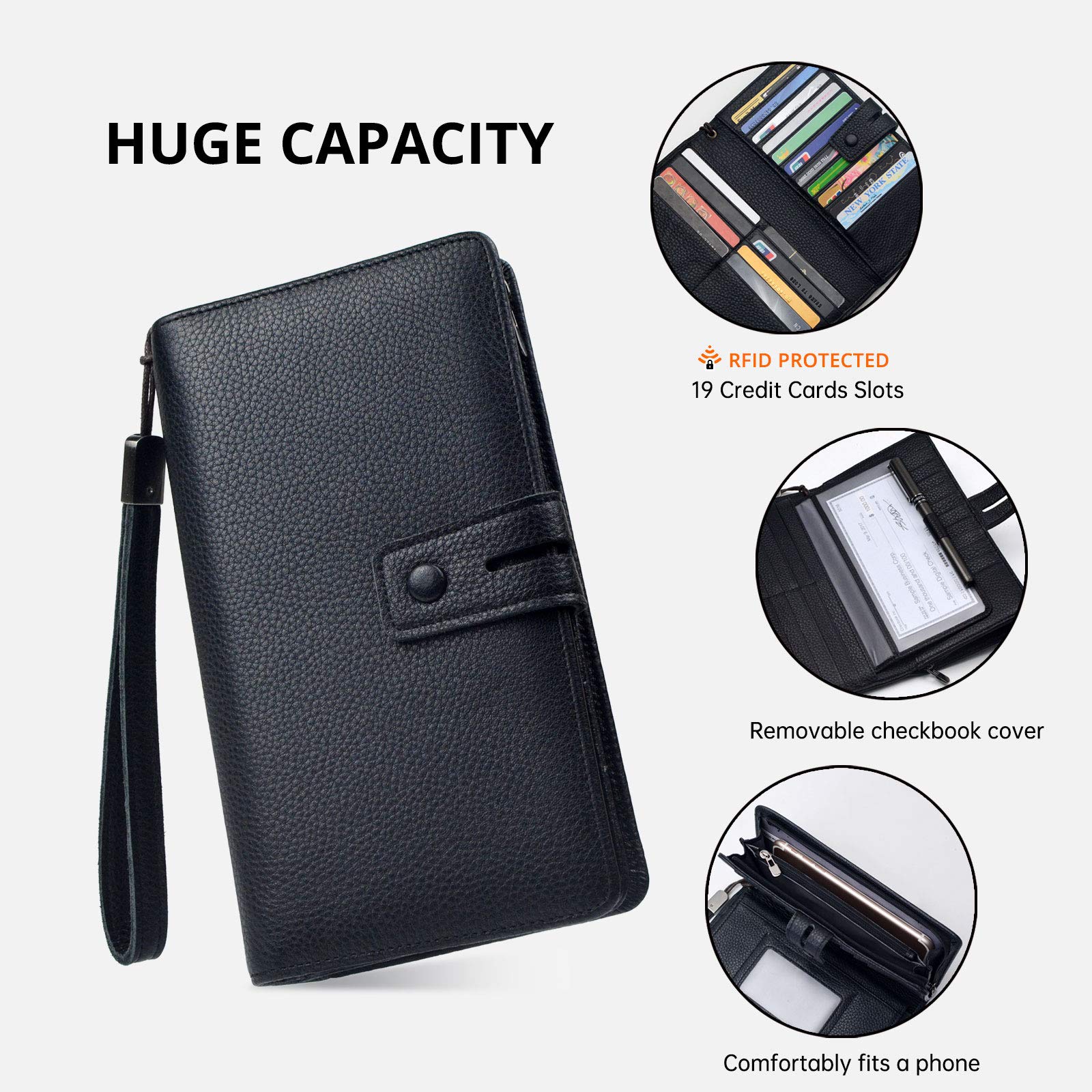 Bveyzi Women's RFID Leather Wristlet Wallet - Large Phone Checkbook Holder with Zipper Pocket | RFID Blocking Organizer for Credit Cards & Cash | Perfect for Shopping, Travel & Everyday Use