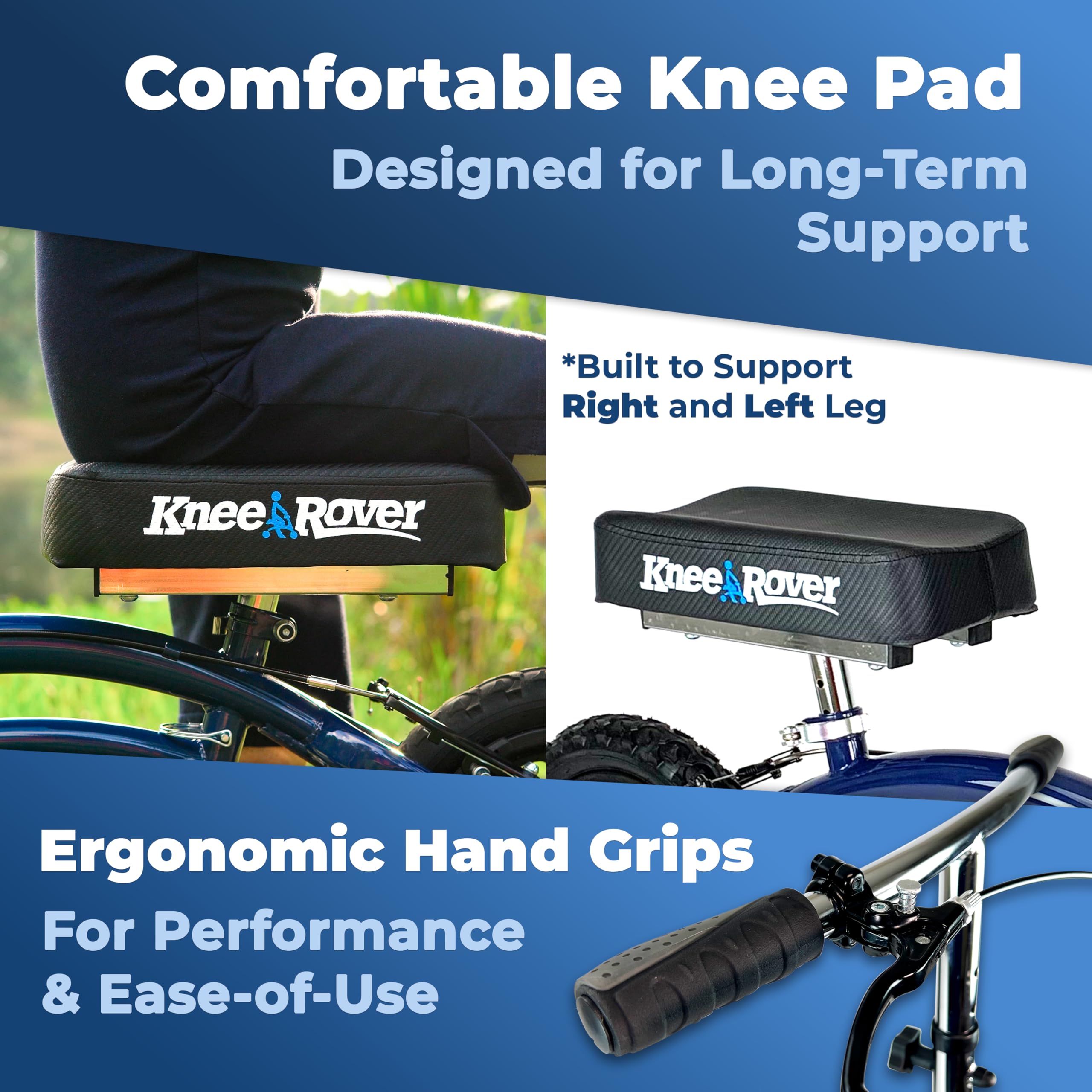 KneeRover Original Steerable All-Terrain Knee Scooter for Adults - Heavy Duty Knee Walker for Foot Surgery, Broken Ankle & Leg Injuries | Mobility Aid for Post-Surgery Recovery & Crutch Alternative (Blue) | Perfect for Indoor/Outdoor Use, Rehabilitation & Daily Mobility