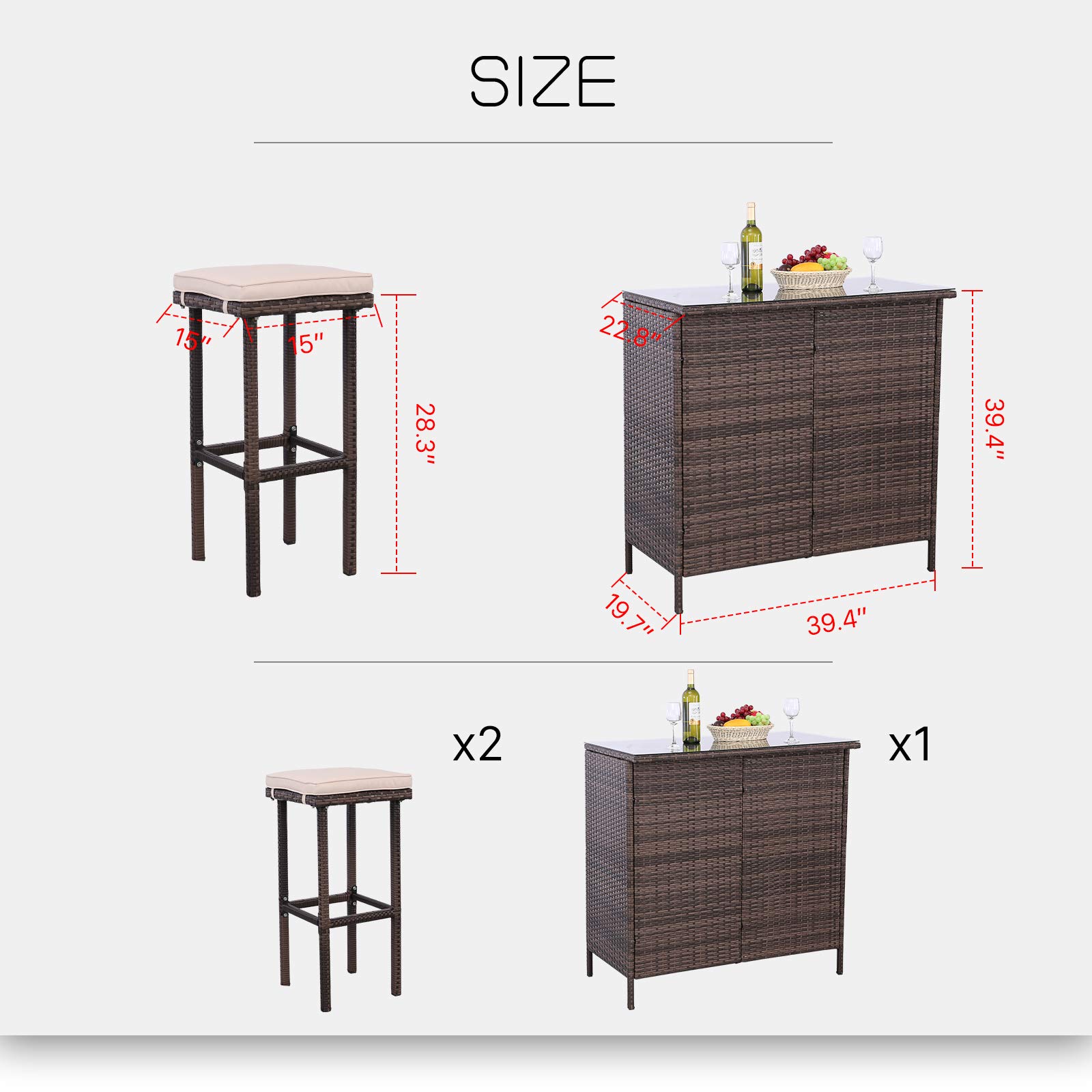 3PCS Outdoor Patio Bar Set with Stools & Glass Top Table - Beige Wicker Furniture with Removable Cushions for Backyard, Porch, Garden, Poolside - Perfect for Outdoor Entertaining & Relaxation