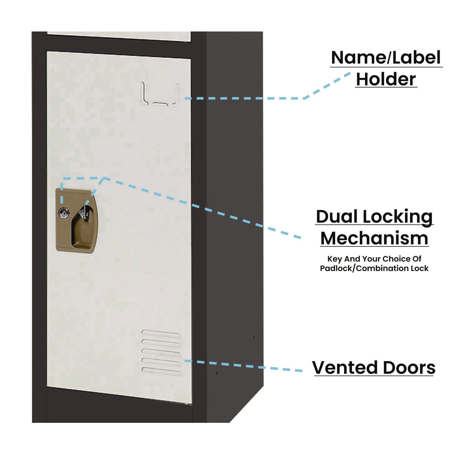 Steel Storage Locker with 3 Compartments - 12 x 12 x 72 Inches, Black Body & White Doors - Heavy-Duty School, Gym, or Office Locker for Secure Storage