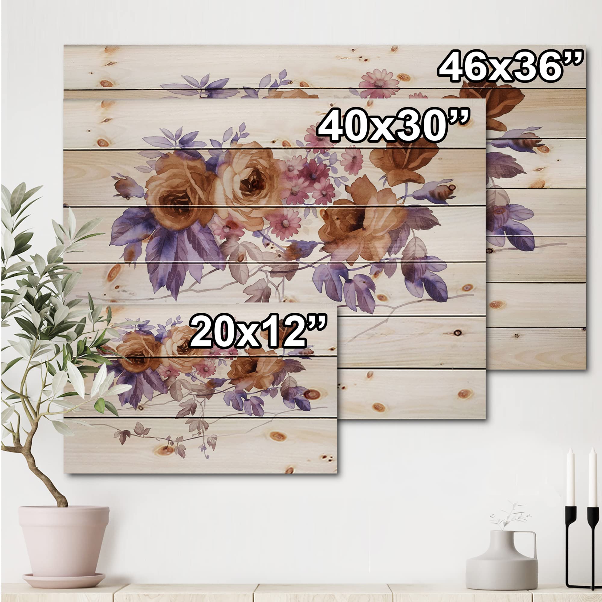 DesignQ Purple Wildflowers Traditional Wood Wall Decor - Large Floral Wall Art Panel Printed on Natural Pine Wood - Perfect for Living Room, Bedroom & Home Office Decoration