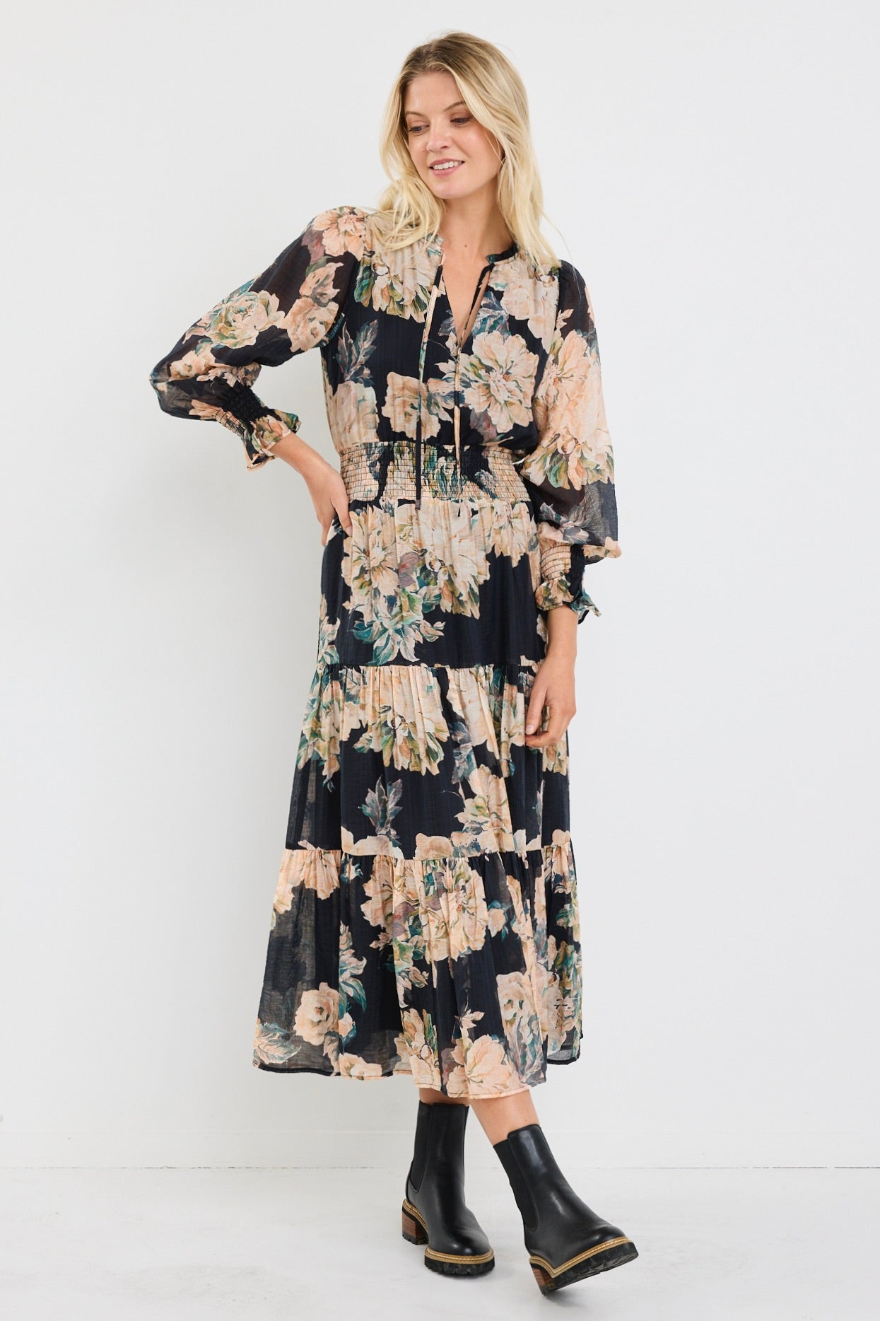 Navy Blue Peach Floral Long Sleeve Shirred Waist Tiered Maxi Dress for Women - Boho Chic Summer Beach Wedding Guest Outfit