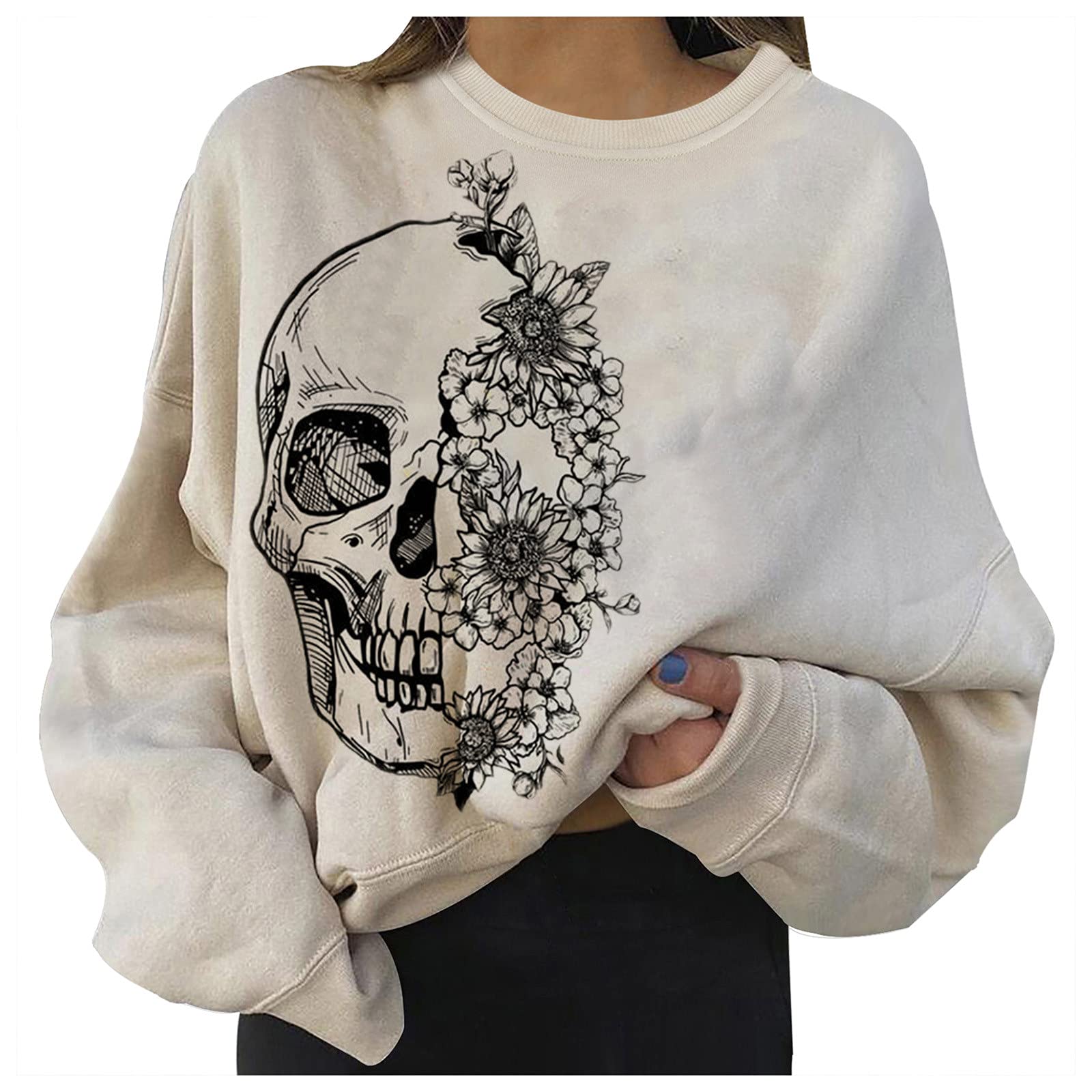 Women's Oversized Graphic Sweatshirt - Halloween Skeleton Print Long Sleeve Pullover with Patches | Casual Streetwear for Fall & Winter | Perfect for Halloween Parties, College Outfits and Cozy Loungewear