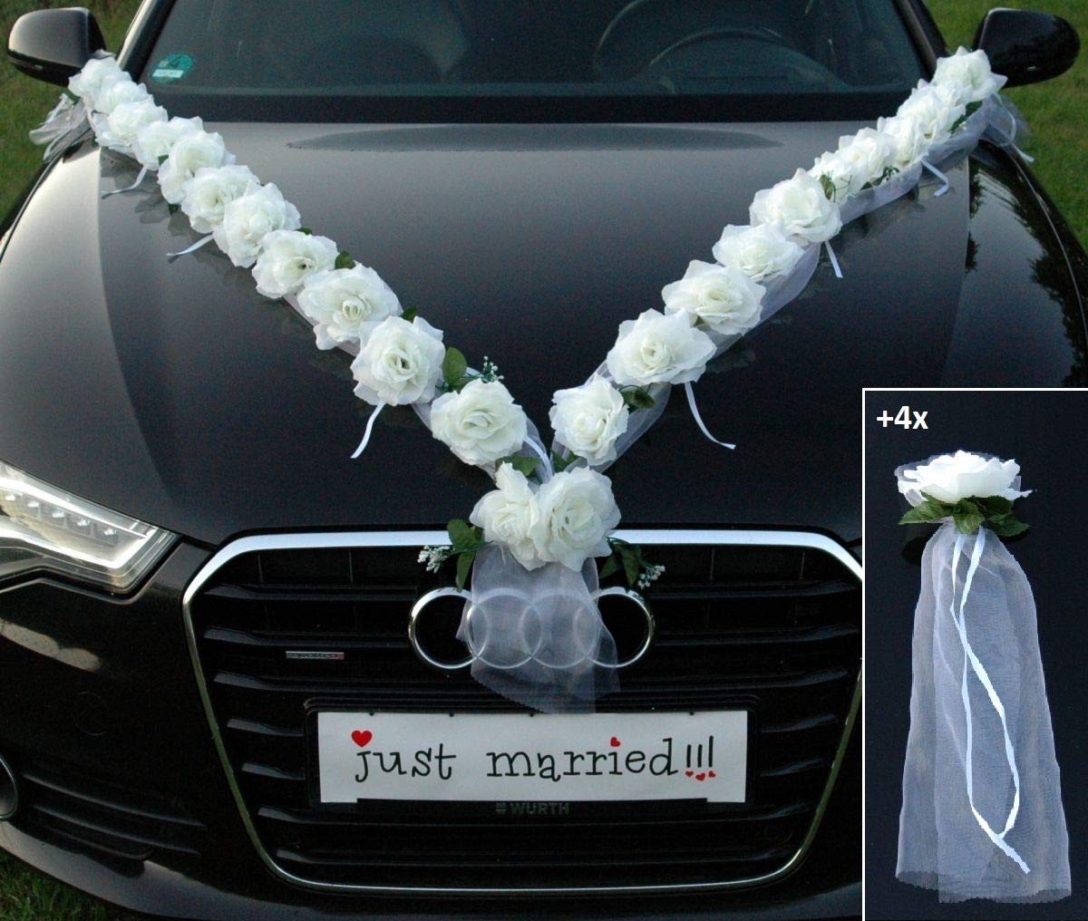 White Rose Garland Car Decoration - Elegant Floral Car Accessory for Weddings, Bridal Showers & Special Events | Perfect for Vehicle Decorations