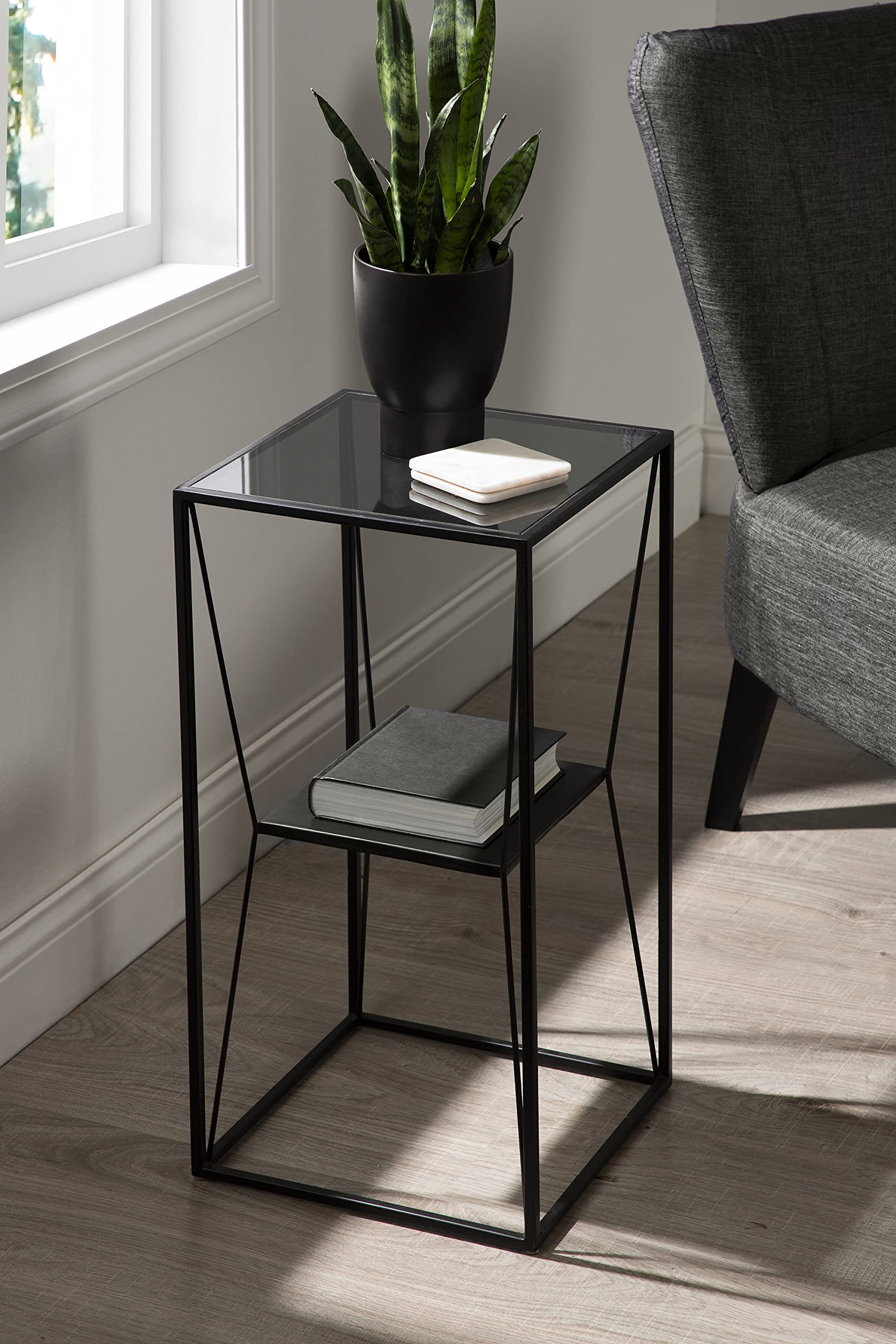 Kate & Laurel Knight Modern Square Glass Side Table - 12x12x24 Inches, Black Two-Tier Nightstand with Storage Shelf | Bedroom End Table, Living Room Accent Table, Dorm Decor