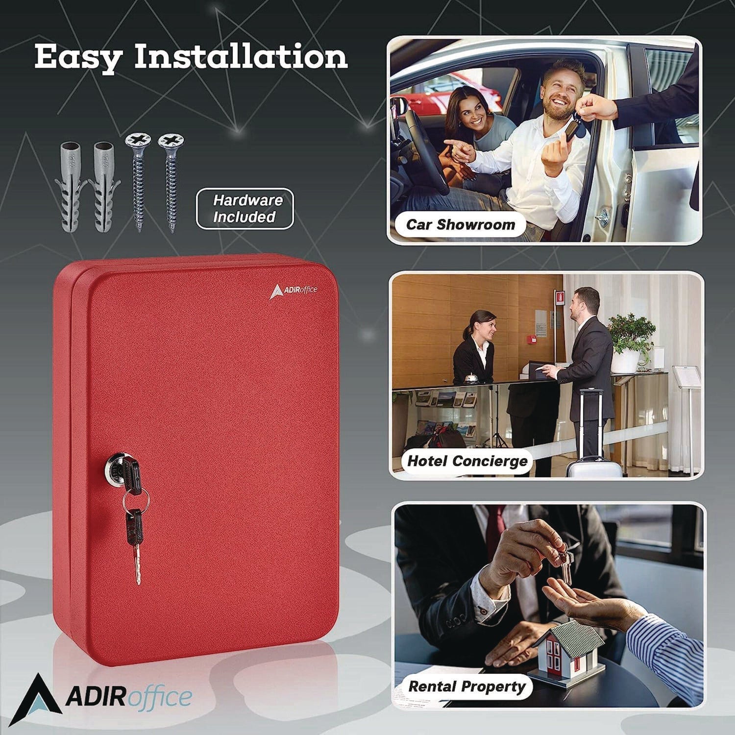 AdirOffice 48-Key Steel Key Cabinet with Secure Key Lock - 7.1 x 3.1 x 10 Inches, Stainless Steel 304 Construction in Red - Perfect for Home, Office, Hotel & School Key Organization