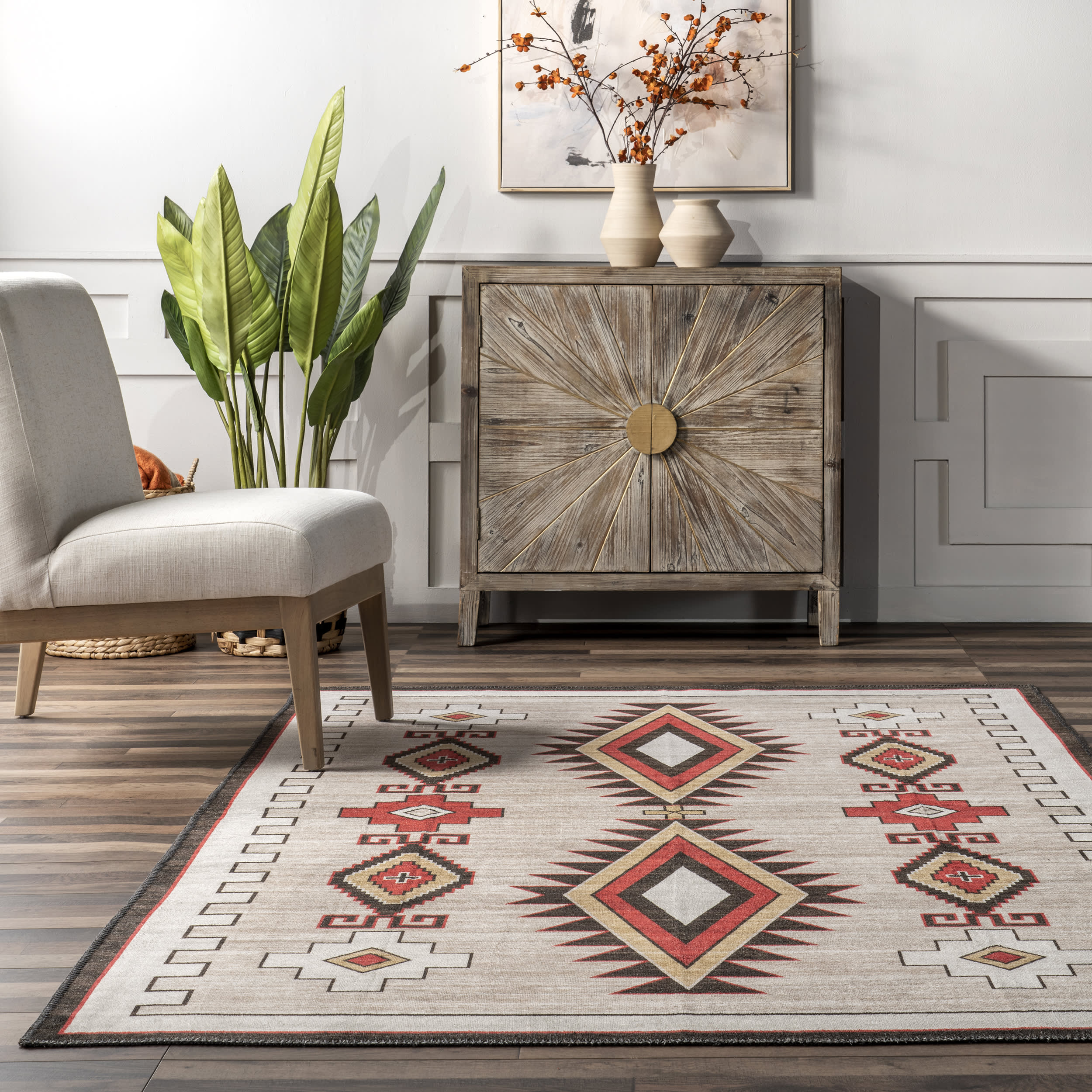 Elissa Washable Bohemian Rug - Soft & Durable Ivory Area Rug for Living Room, Bedroom, or Boho Home Decor
