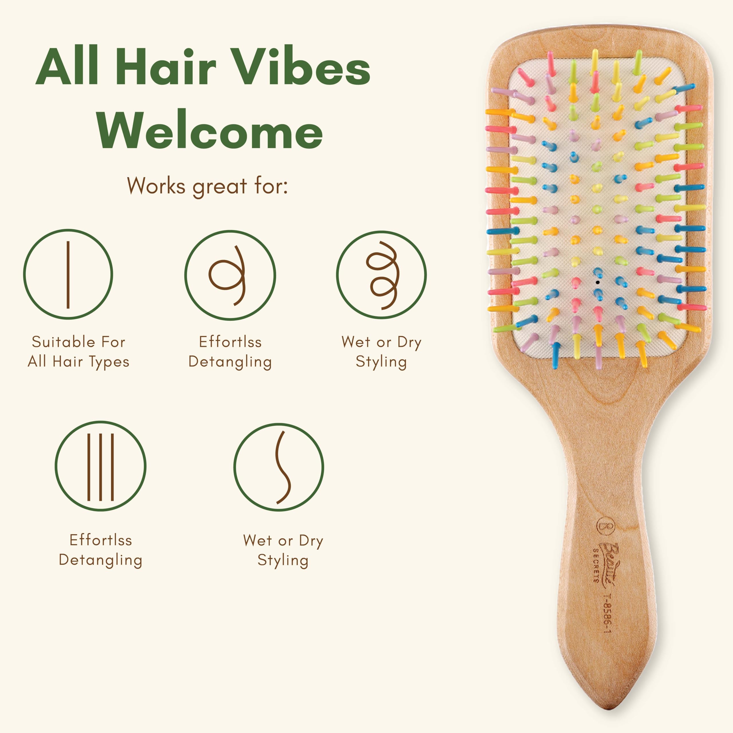 Beauté Secrets Wooden Paddle Hair Brush - Natural Bamboo Hair Brush with Rainbow Tips for Women & Men - Eco-Friendly Large Hairbrush for Thick, Curly, Wavy & Long Hair - Reduces Hair Loss & Frizz - Perfect for Daily Styling, Salon Use & Travel