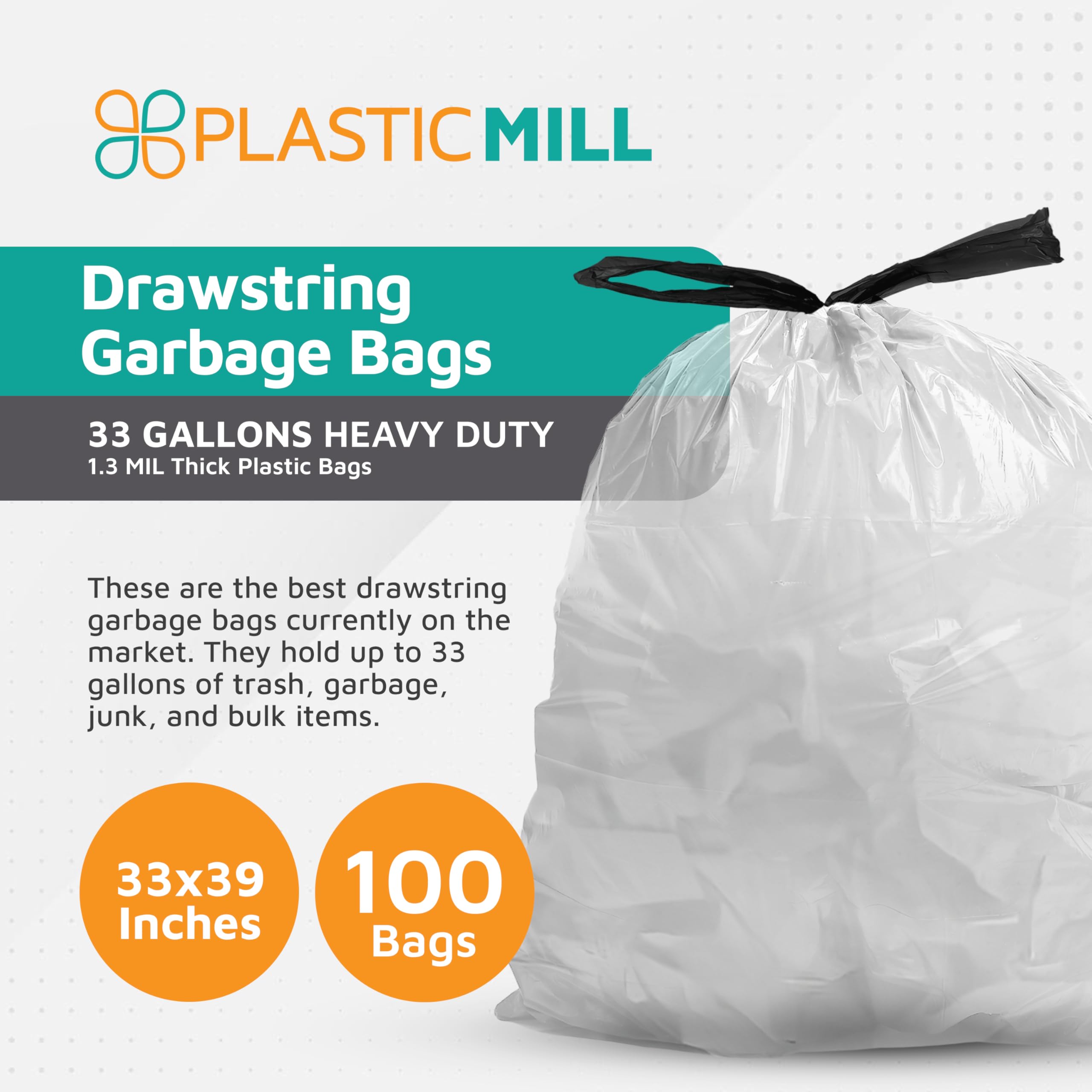 Premium Clear Drawstring Trash Bags - 33 Gallon Tall Kitchen Garbage Bags (100 Count, 0.9 Mil, 33