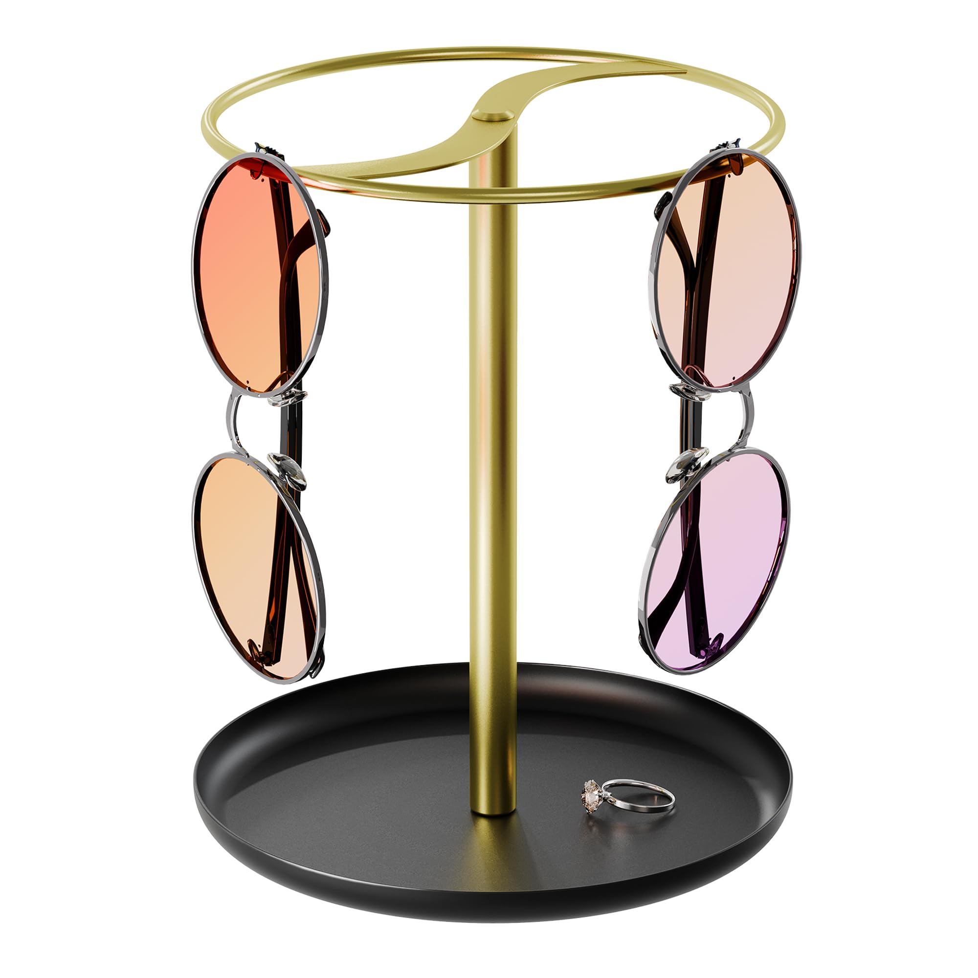 Premium Gold Sunglass Holder & Organizer - Sturdy Eyeglass Display Stand with Storage Tray for Multiple Sunglasses & Glasses | Perfect for Home, Office, Retail Store Display and Travel Organization