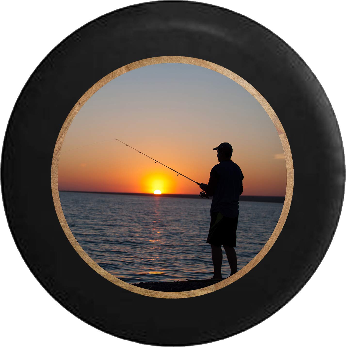 Black Tire Cover with Sunrise Fishing Design - 31 Inch for Bass & Walleye Fishing | Durable Truck & RV Accessory for Outdoor Adventures