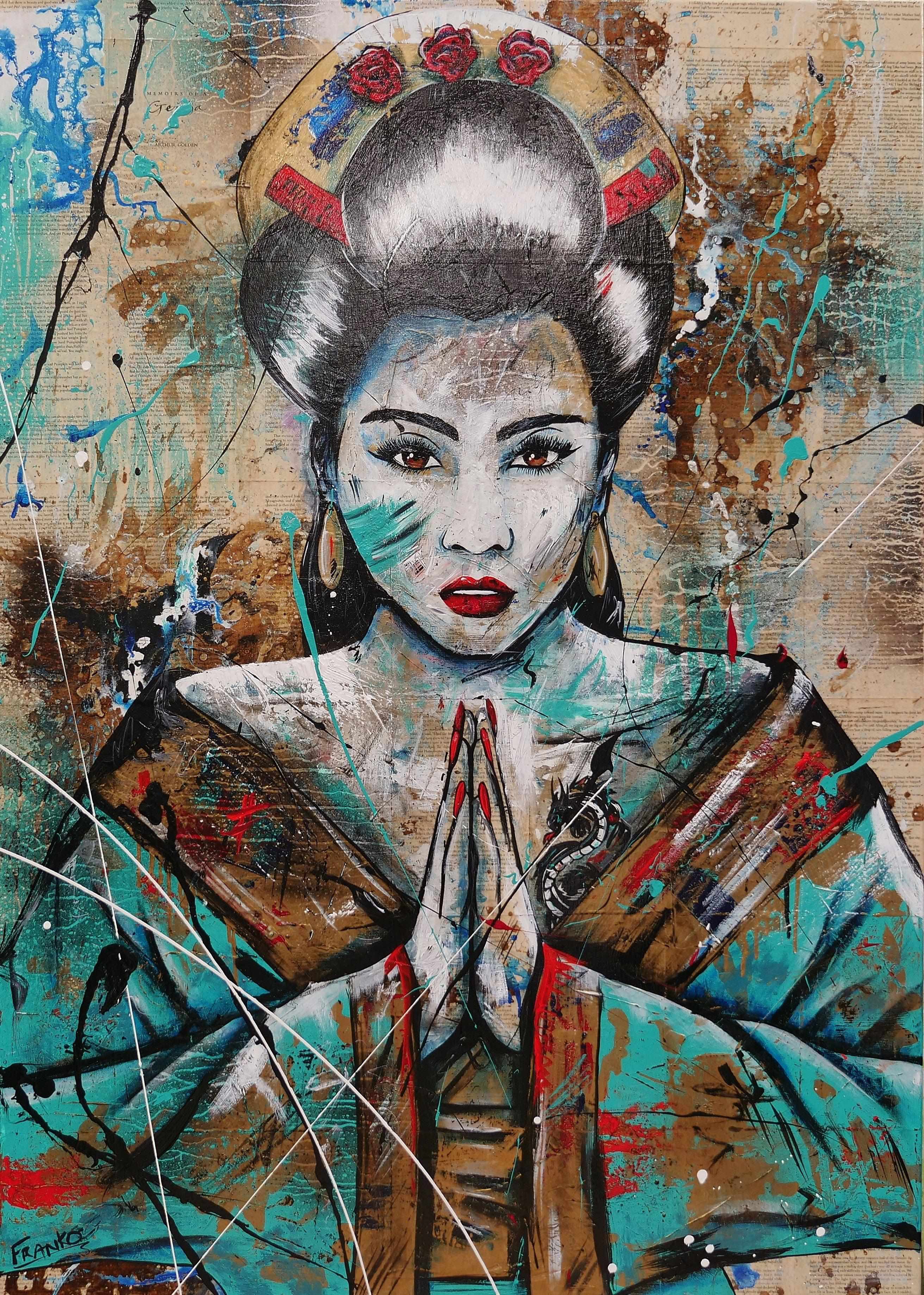 140cm x 100cm Hisui Jade Geisha Urban Pop Art Painting - Modern Home Decor for Living Room, Bedroom & Office - Perfect Gift for Book Club Members & Art Lovers