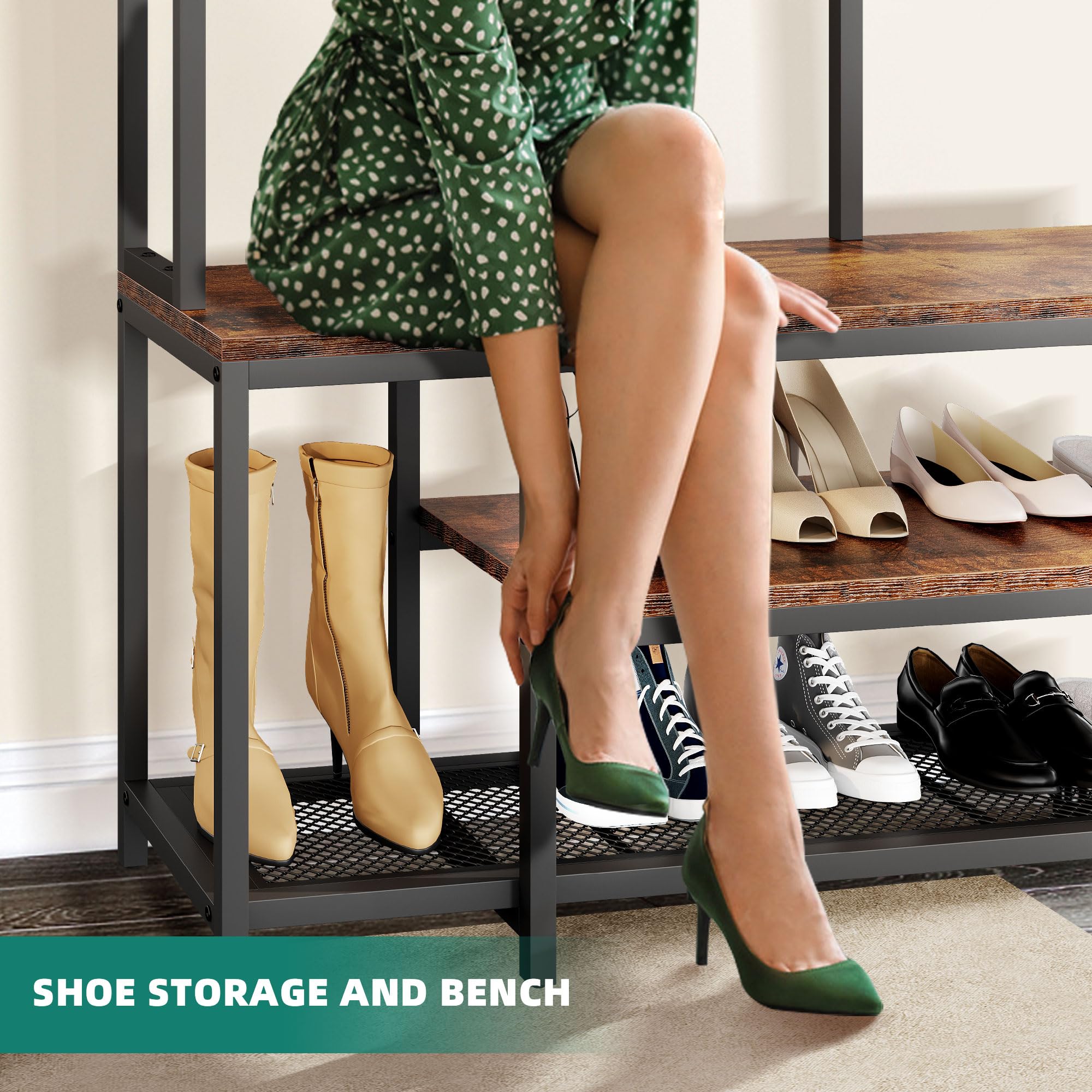 YITAHOME 5-in-1 Industrial Entryway Bench with Coat Rack & Shoe Storage - Freestanding Hall Tree Organizer with 10 Hooks & Shelves - Rustic Brown Wooden Shoe Bench for Hallway, Bedroom, Mudroom - Perfect for Small Spaces & Home Organization