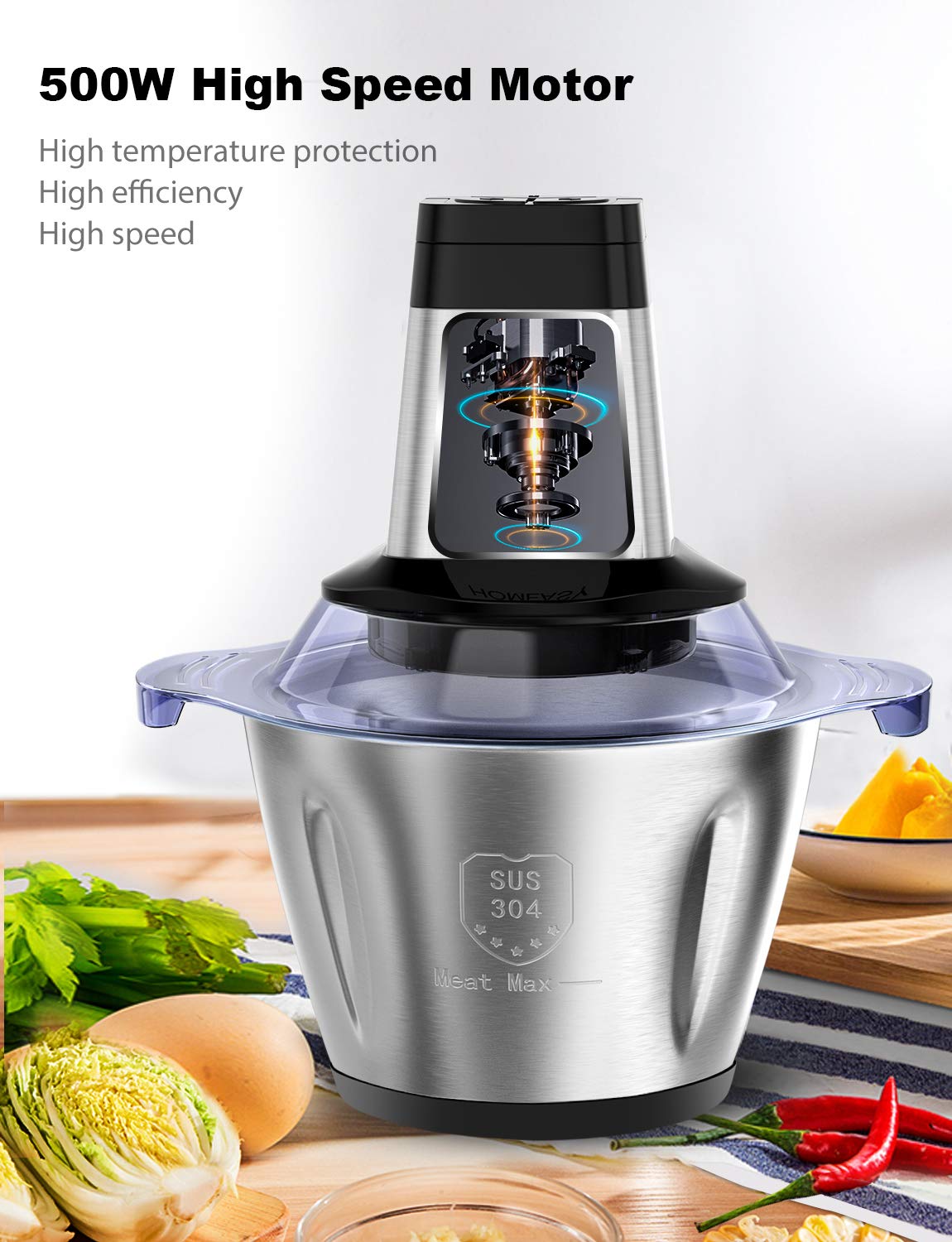 Homeasy 500W Electric Meat Grinder & Food Processor - 2.5L Stainless Steel Meat Blender with 4 Sharp Blades for Meat, Vegetables, Fruits & Nuts | Perfect for Home Kitchen, BBQ Parties & Meal Prep