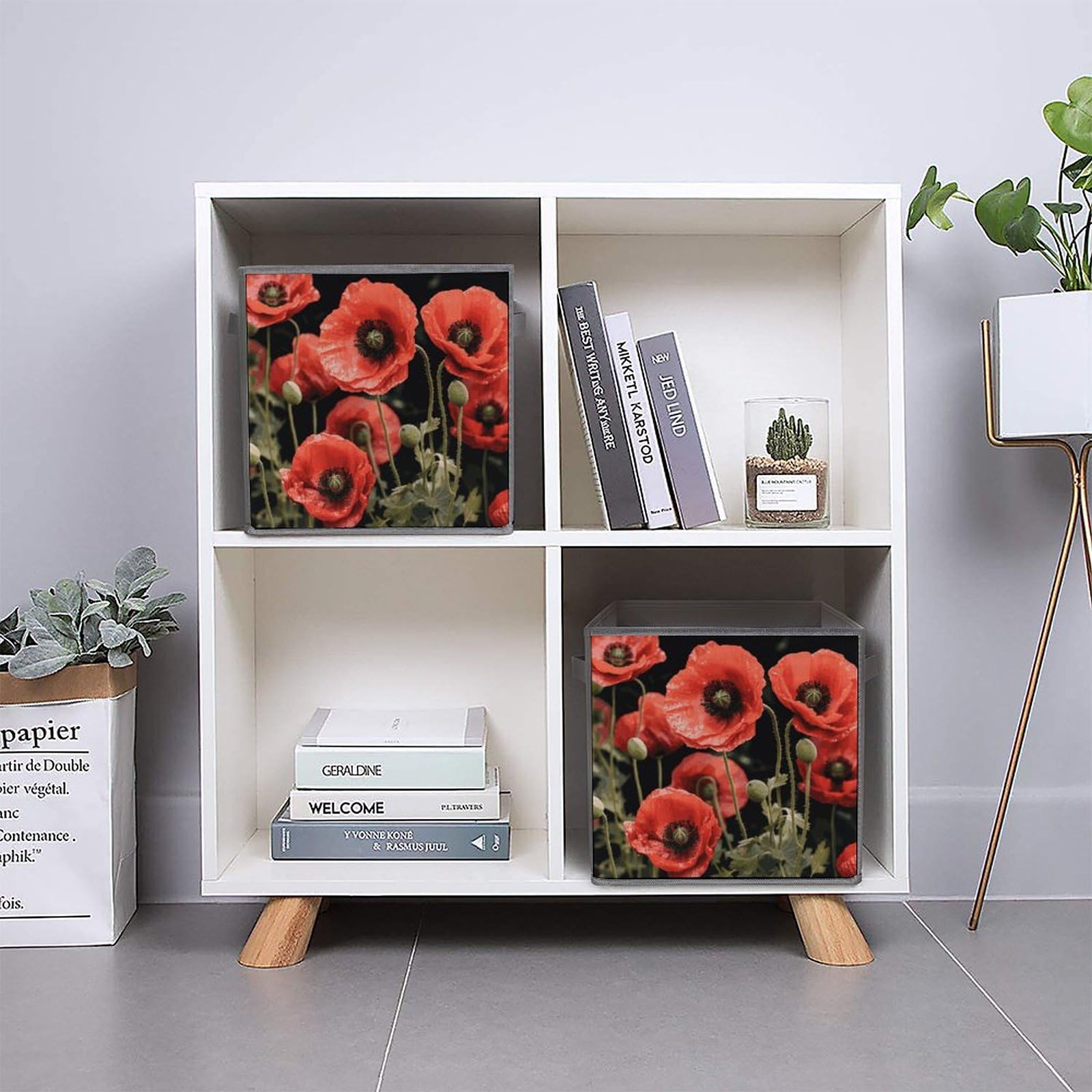 6-Piece Collapsible Storage Bins with Handles - Red Poppy Flower & Leaf Print, Foldable Organizing Baskets for Home, Office, Closet & Shelves | Space-Saving Storage Solutions for Toys, Books & Household Items