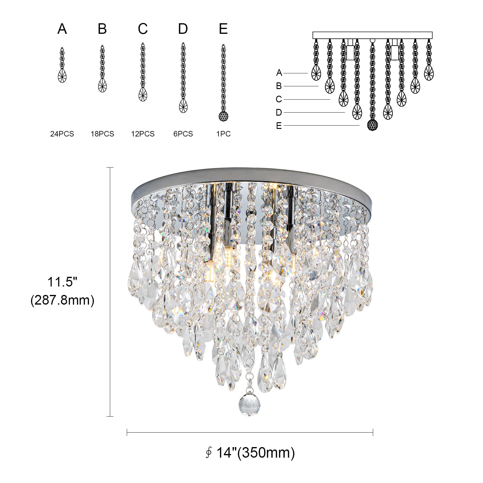 4-Light Crystal Chandelier Flush Mount Ceiling Light - 14 Inch Modern Chrome Fixture with G9 Base for Bedroom, Dining Room, Bathroom, Living Room & Closet - Perfect for Home Decor, Wedding Lighting & Luxury Interior Design