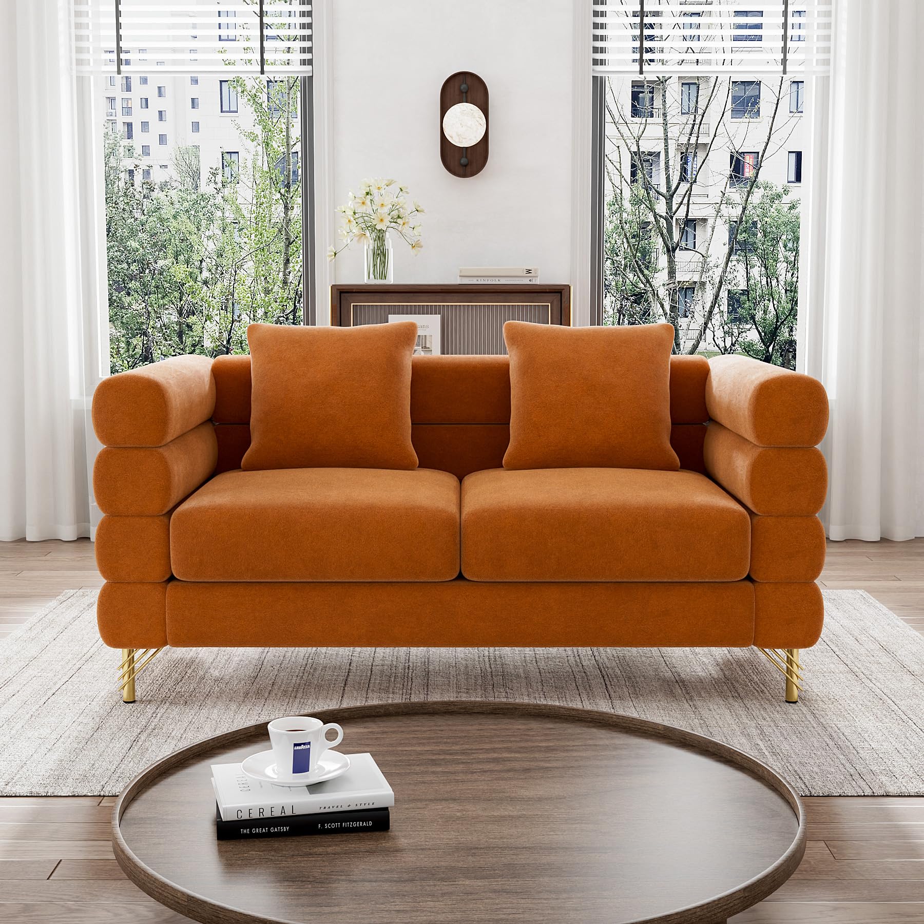 Modern Velvet Sofa and Loveseat Set - Overstuffed Deep Seat Cloud Couch with 5 Pillows, Oversized Chesterfield Furniture for Living Room & Bedroom (Orange) - Perfect for Small Spaces, Apartments and Cozy Home Decor