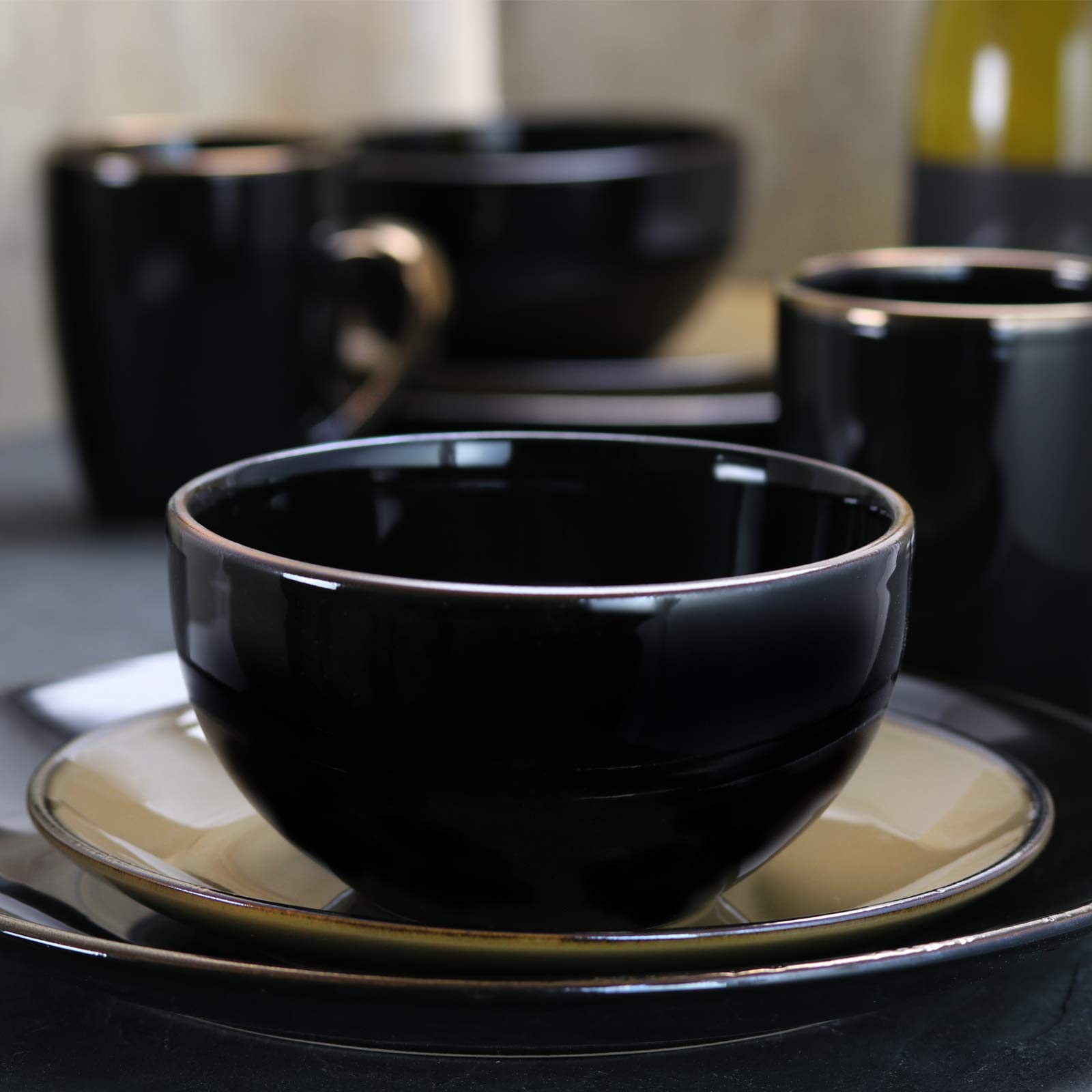 Elama 16-Piece Round Stoneware Dinnerware Set - Black & Warm Taupe | Durable Stone Dish Set for Everyday Dining, Dinner Parties & Restaurant Use
