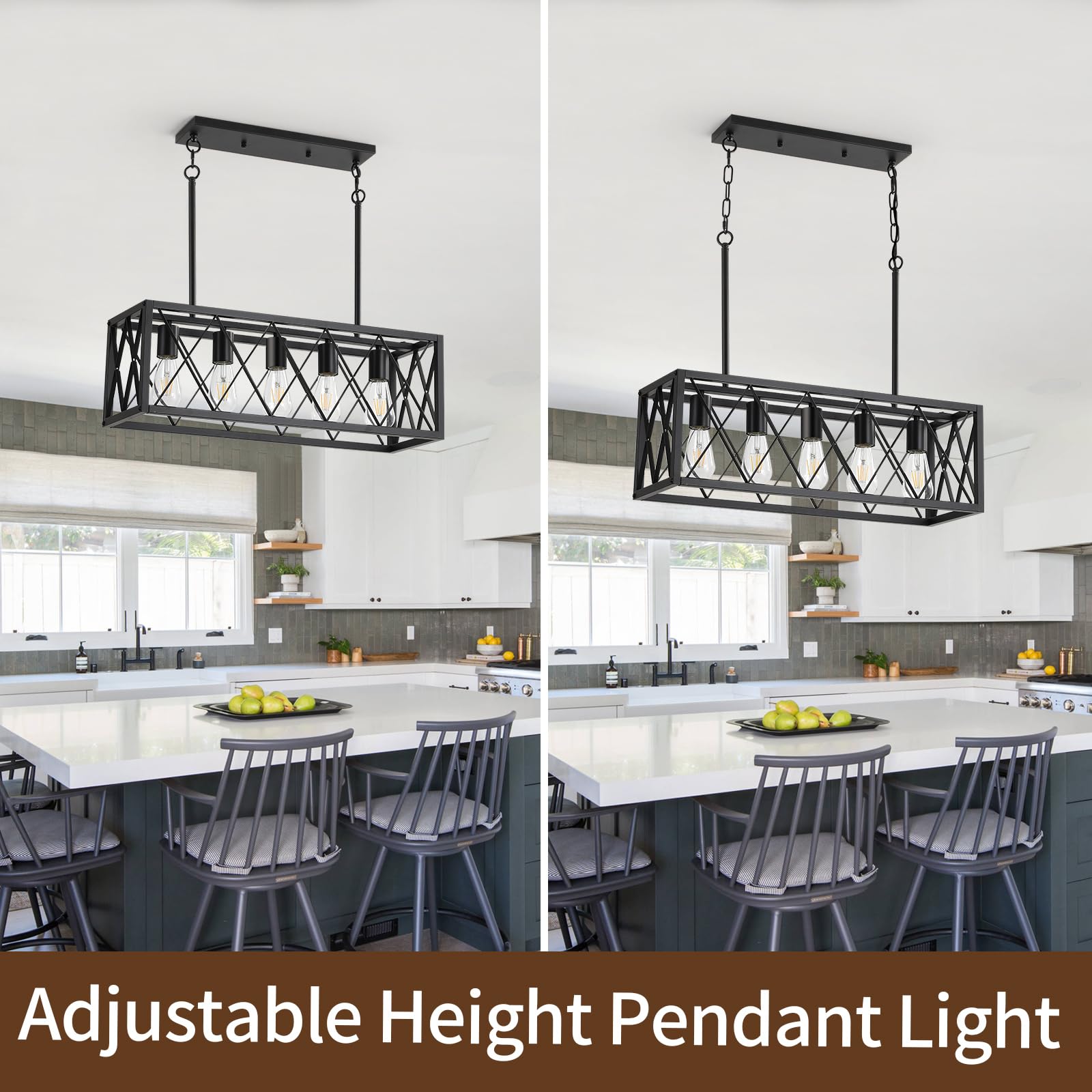 KEESFU Black Farmhouse Kitchen Island Pendant Light - 5-Light Adjustable Height Industrial Dining Room Chandelier for Kitchen, Living Room, Foyer & Over Dining Table or Sink | Rustic Home Decor Lighting Fixture | Perfect for Farmhouse, Industrial & Modern Interior Design