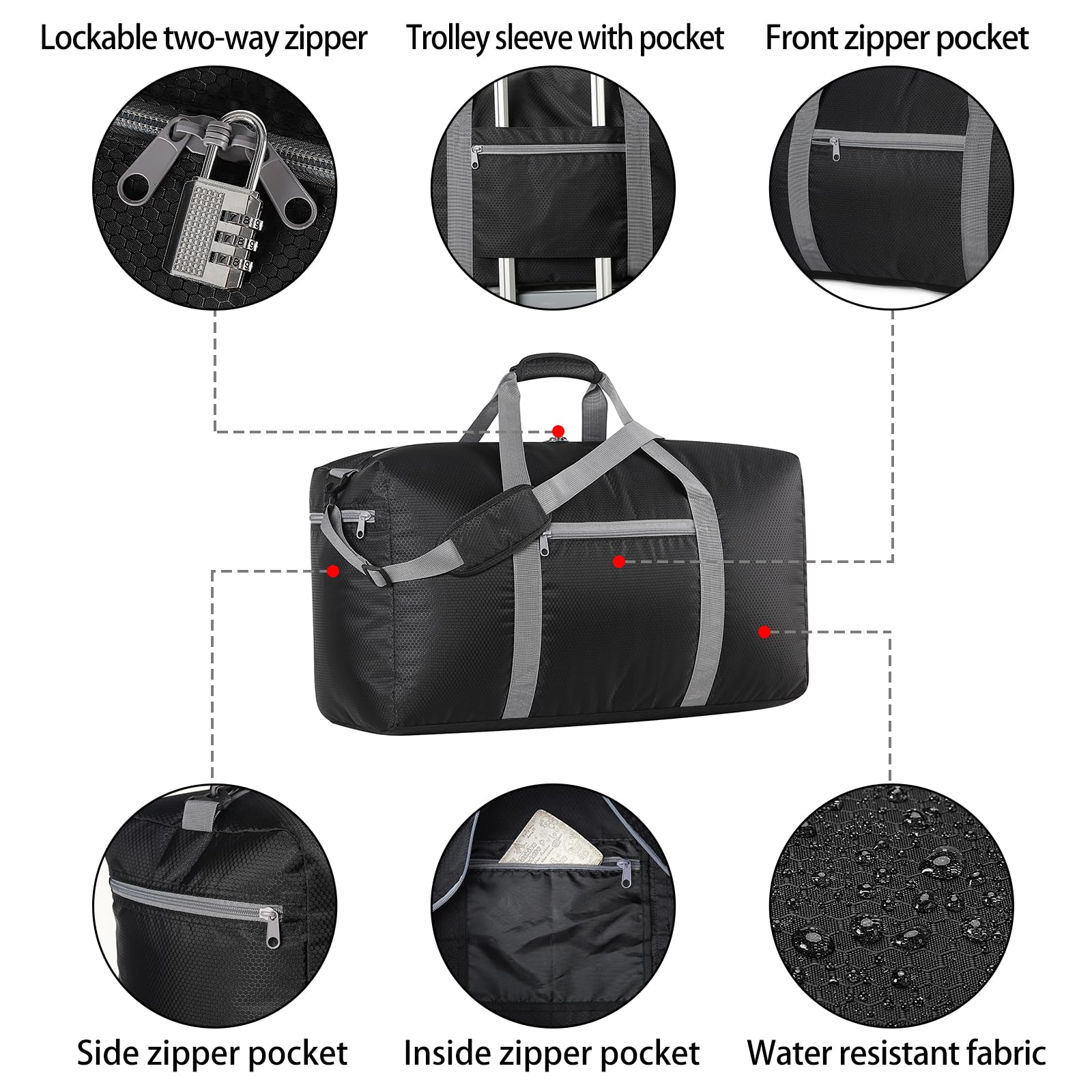 65L Foldable Travel Duffle Bag - Large Waterproof Luggage Storage Bag for Weekender, Sport, Camping & Gym - Black - Perfect for Weekend Getaways, Outdoor Adventures & Sports Equipment Storage