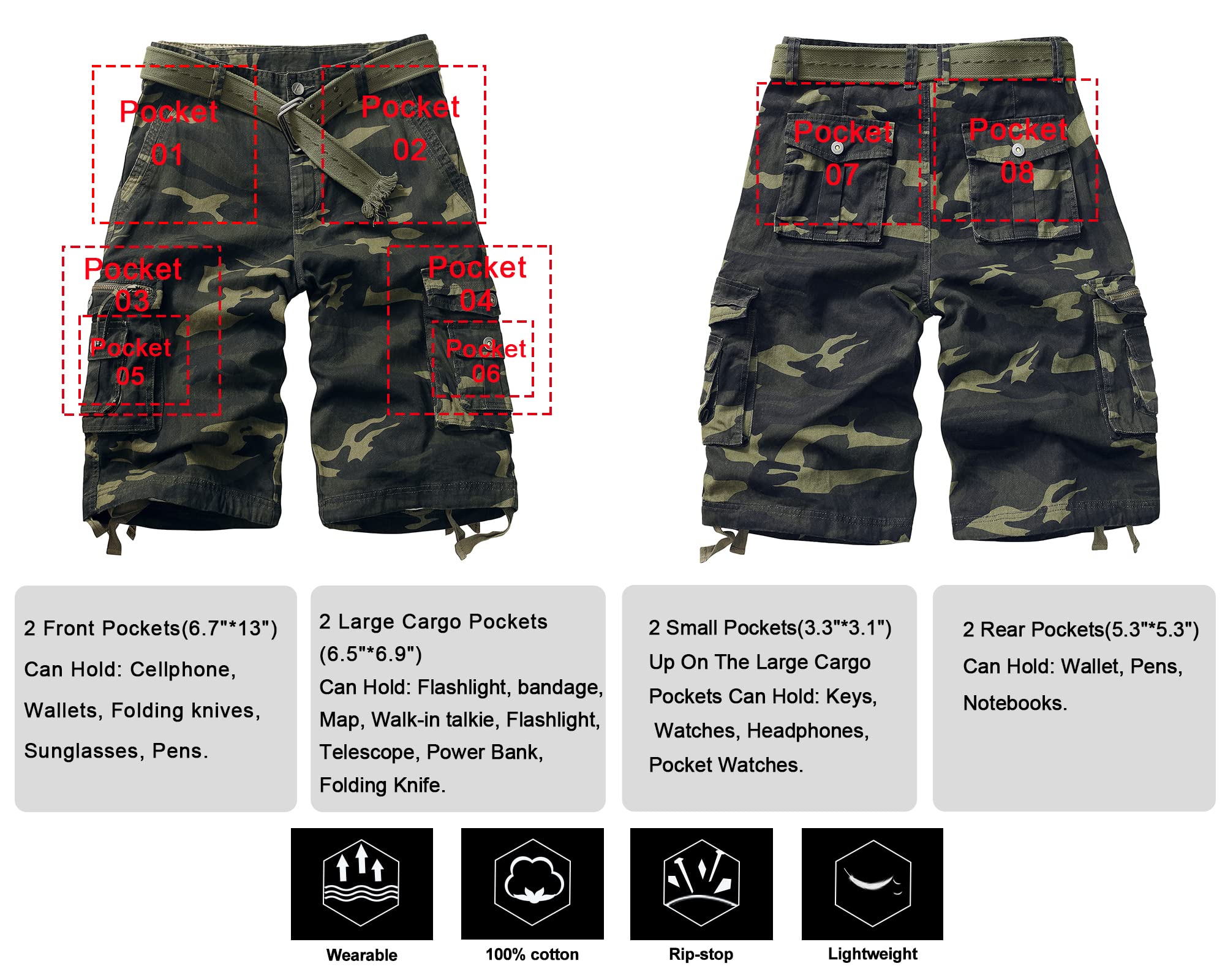 TRGPSG Men's Cargo Shorts - Relaxed Fit Cotton Capri Shorts with 13