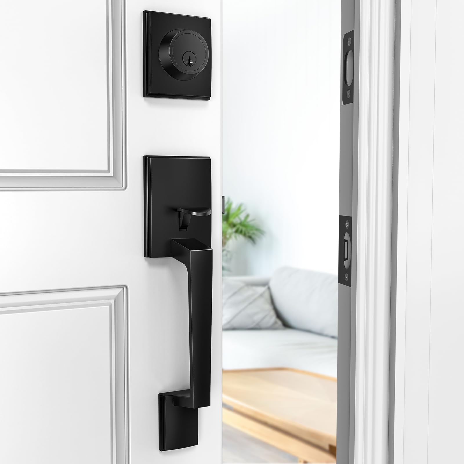 Brightify Modern Matte Black Front Door Handle - Reversible Exterior Entry Door Lever for Left & Right Hand Doors - Passage Function with Lower Half Grip - Perfect for Home, Office & Commercial Buildings