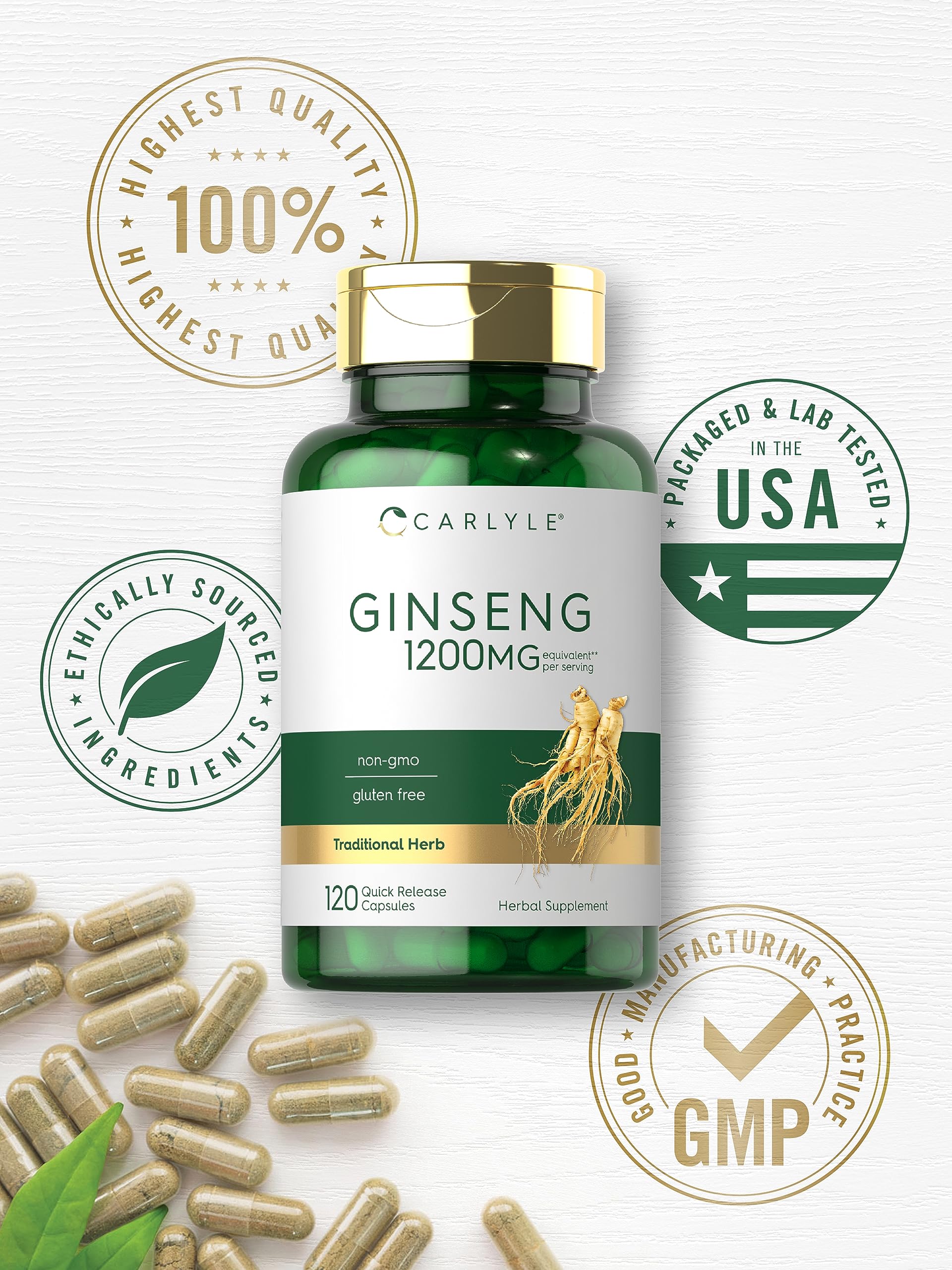 Carlyle Ginseng Supplement 120 Capsules - 1200mg Non-GMO, Gluten Free - Supports Energy, Focus & Immune Health - Perfect for Busy Professionals & Students
