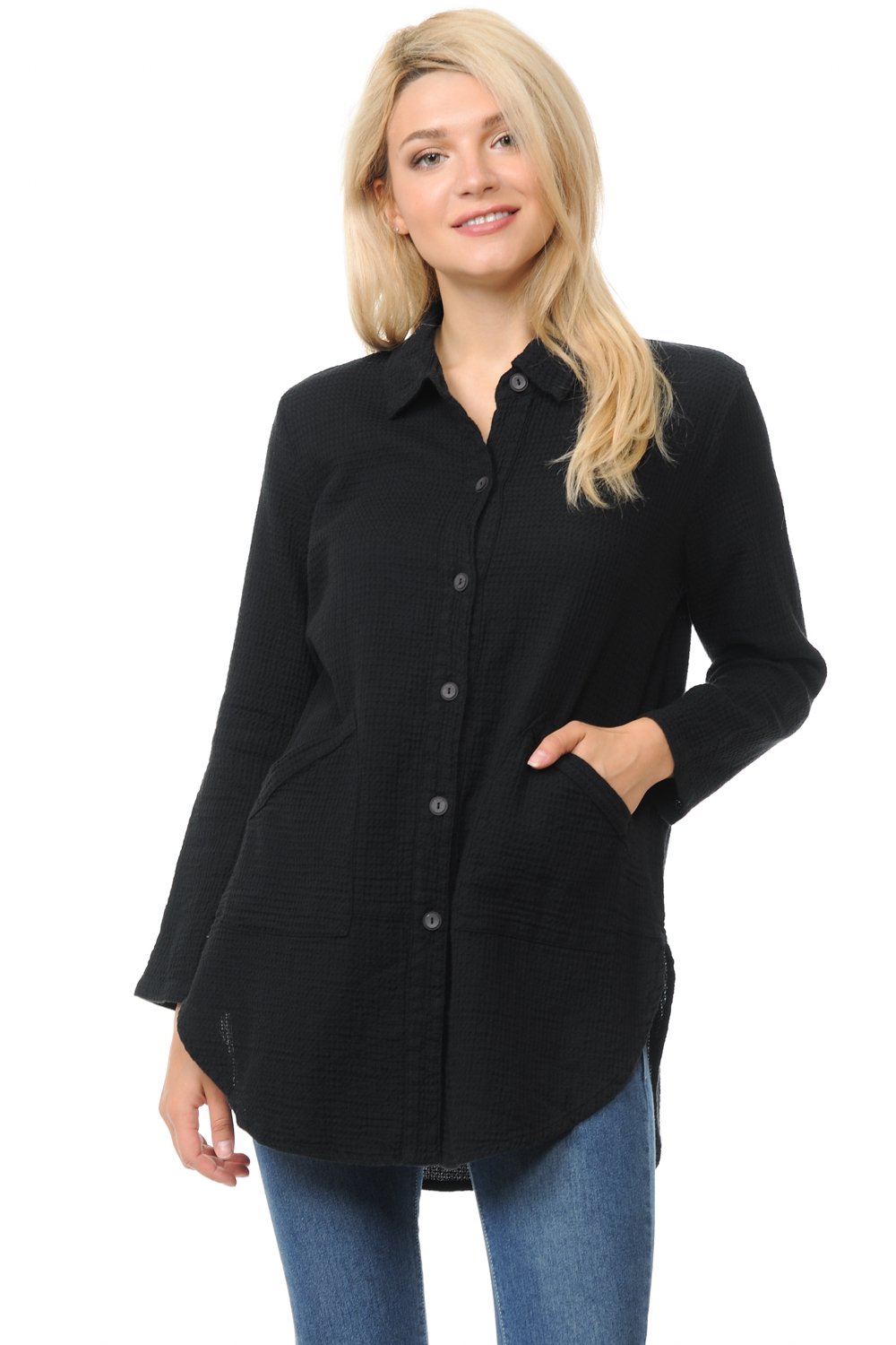 Focus Fashion Women's Cotton Mini Waffle Tunic Top Shirt - LW110 | Casual Loose Fit Short Sleeve Blouse for Summer, Beach, and Everyday Wear