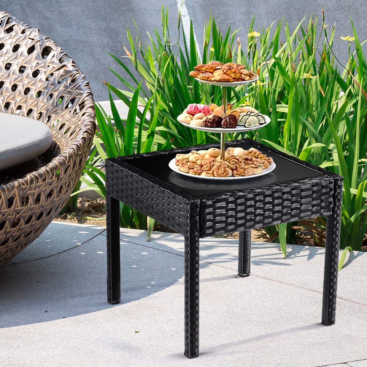 Goplus 3-Piece Wicker Patio Conversation Set with Tempered Glass Tabletop - Outdoor Rattan Sofa Set for Garden, Backyard, Balcony & Poolside Relaxation