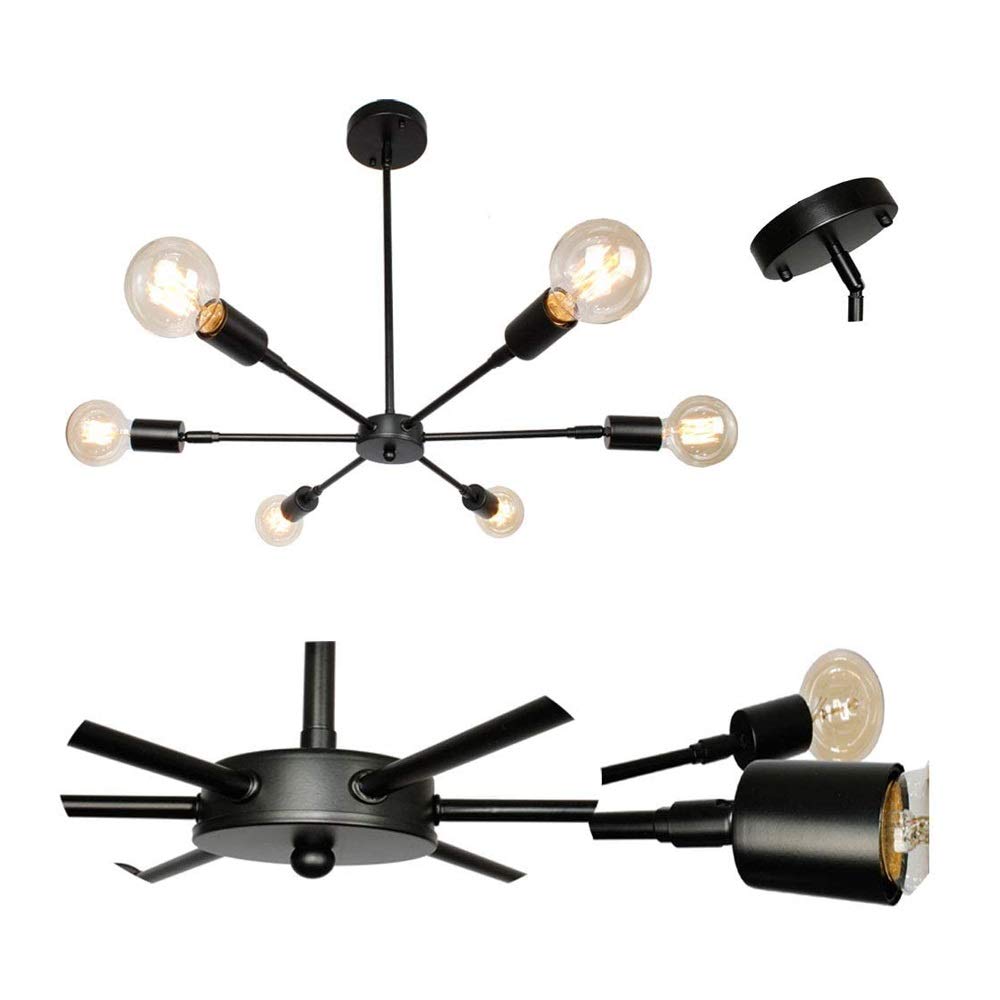 Farmhouse Chandelier 6-Light Black Industrial Ceiling Light - Semi-Recessed Wall Mounted Fixture for Dining Room, Bedroom & Hotel Decor - Modern Rustic Lighting for Home & Commercial Spaces