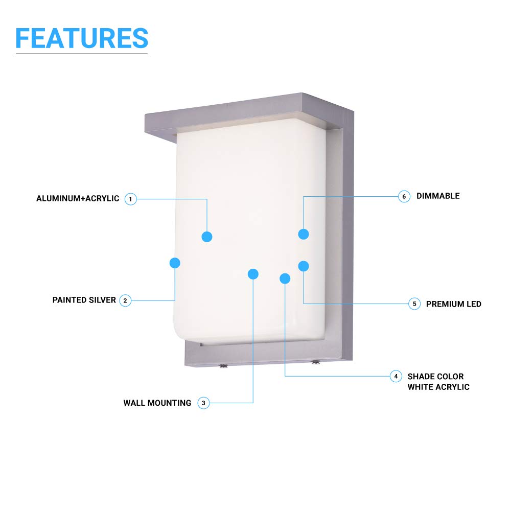 LEDMyplace 12W Outdoor Wall Light Fixtures - 5000K Cool White, 600 Lumens, Silver Finish Waterproof Porch Lights for House Front Door, Patio & Entryway | Perfect for Exterior Lighting, Home Security & Landscape Illumination