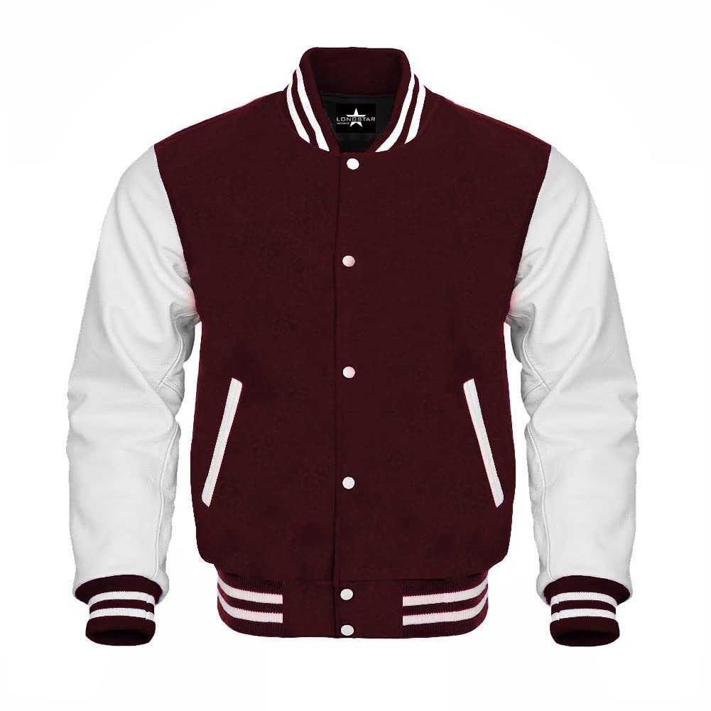 Authentic Leather Sleeves Wool Body Baseball Varsity Letterman Jacket - Maroon & White Color, Size XL - Perfect for High School Sports, College Games & Casual Winter Wear