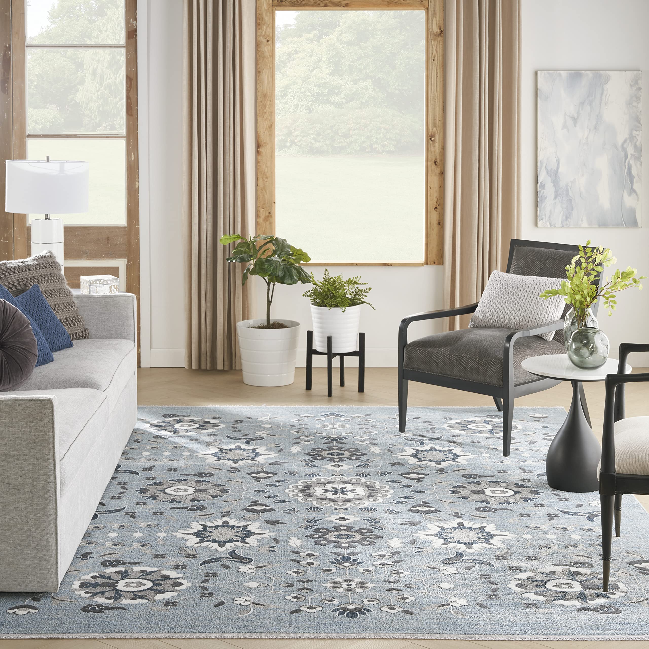 Nourison Lennox Light Blue Grey 9' x 12' Area Rug - Farmhouse Floral Design, Easy to Clean, Non-Shedding - Perfect for Bedroom, Living Room, Dining Room & Kitchen Decor | Home & Office Use