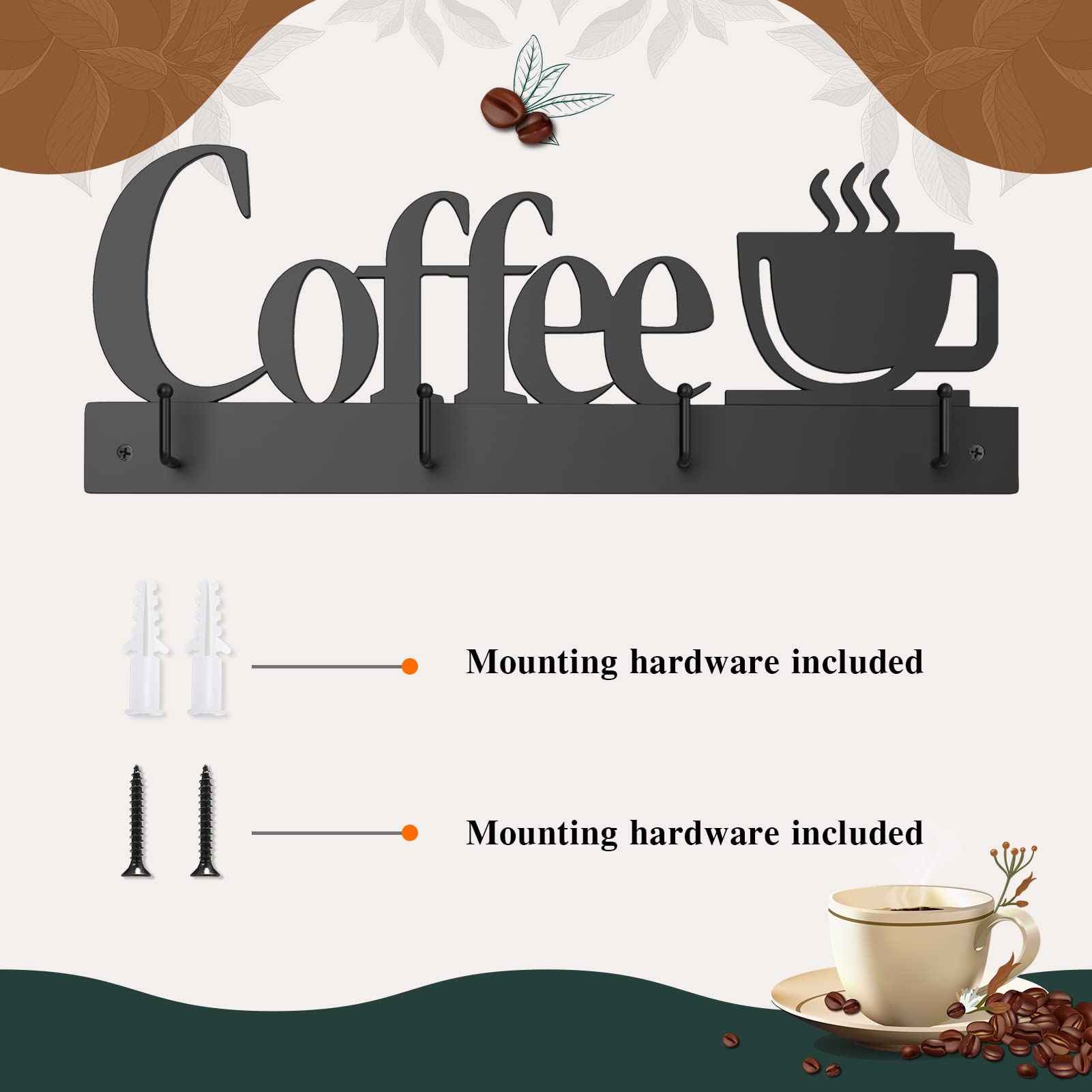Rustproof Wall-Mounted Coffee Cup Holder with 4 Heavy-Duty Hooks - Includes Metal Coffee Sign & Cup-Shaped Logo - Perfect Kitchen & Office Decor for Coffee Bar Accessories & Tea Cup Organization