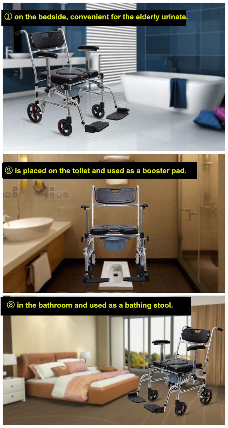 4 in 1 Adjustable Height Bedside Commode Wheelchair with Padded Seat & Detachable Bucket - Portable Toilet Shower Chair for Elderly & Disabled - Ideal for Home Care, Hospital Use & Bathroom Safety (B-Style)