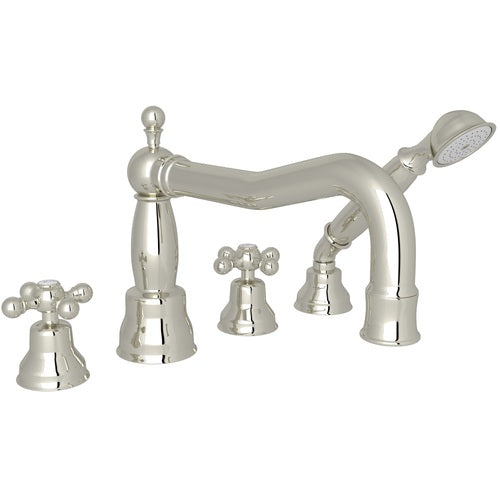 Arcana 4-Hole Deck Mount Tub Filler with Hand Shower and Cross Handle - Modern Bathroom Faucet for Bathtub and Shower Combo