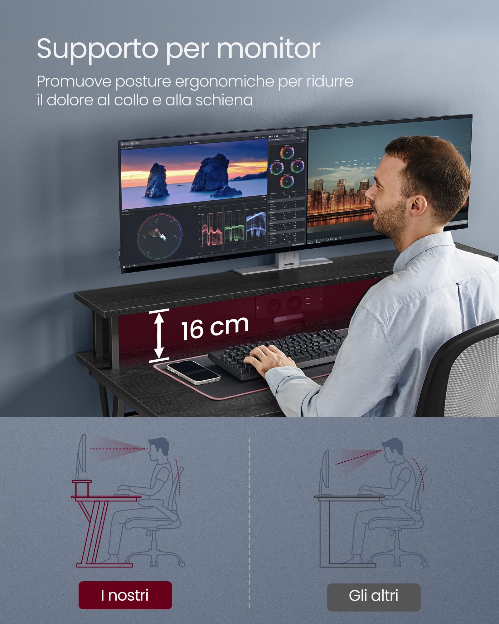 VASAGLE Gaming Desk with LED Lights and Power Outlets, Computer Desk with Monitor Stand, Dual Monitor Workstation for Office and Bedroom, 60 x 120 x 76 cm, Ebony Black LWD192B56 - Perfect for Gaming Setup and Home Office Workspace